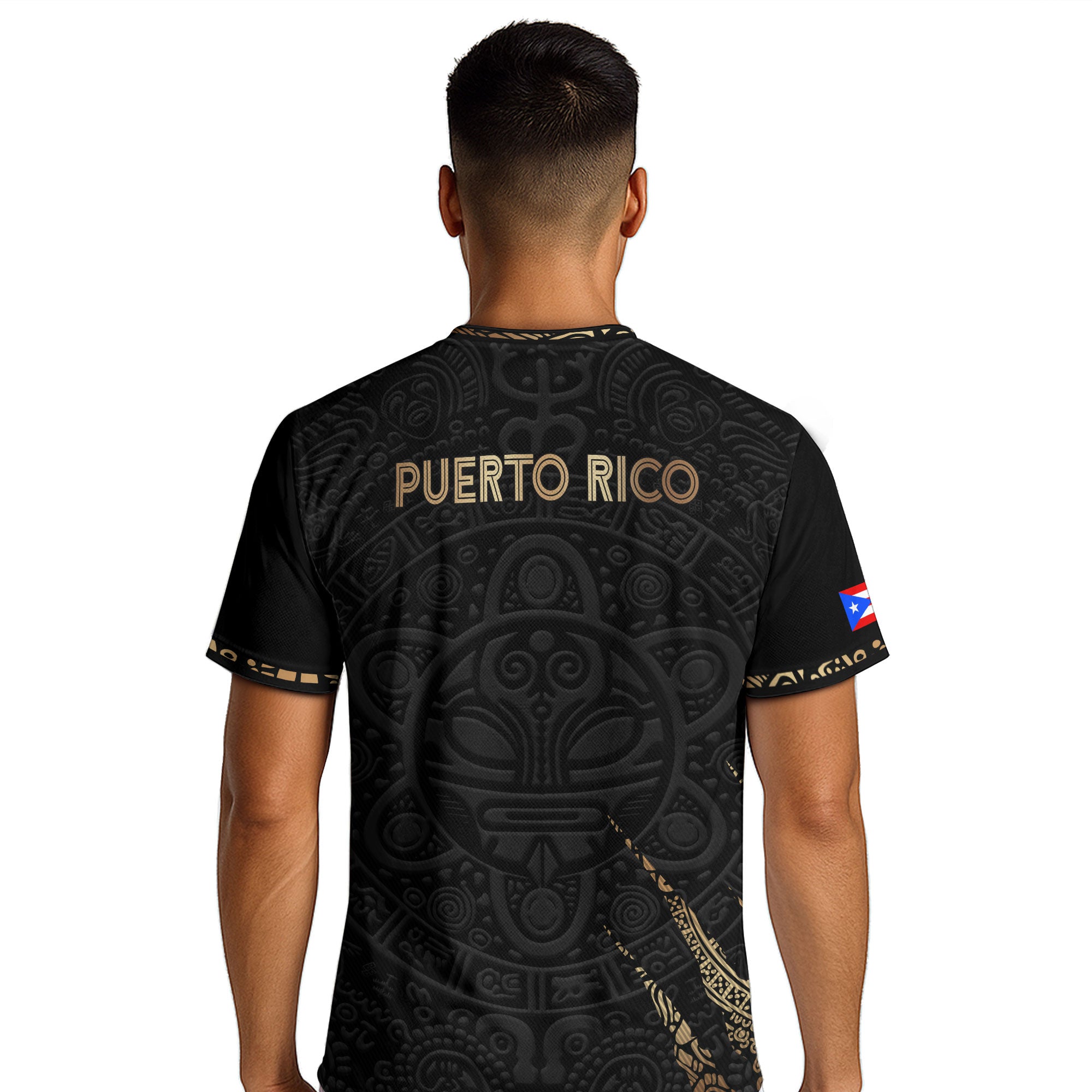 Puerto Rico Soccer Jersey Virgin Mary Guadalupe Taino Pattern Black Gold