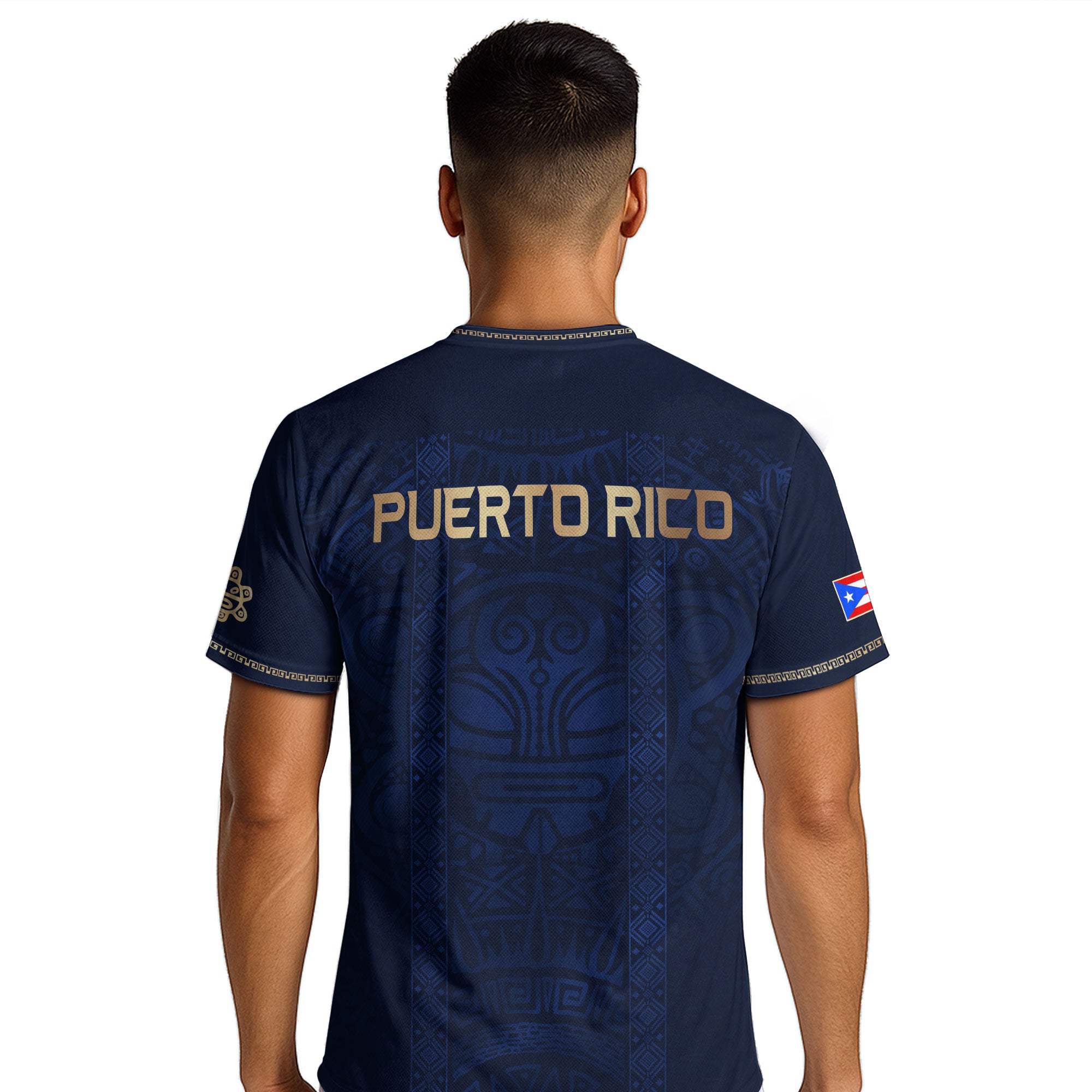 Camiseta de fútbol con máscara taína boricua azul marino de Puerto Rico, bandera tribal, orgullo nacional