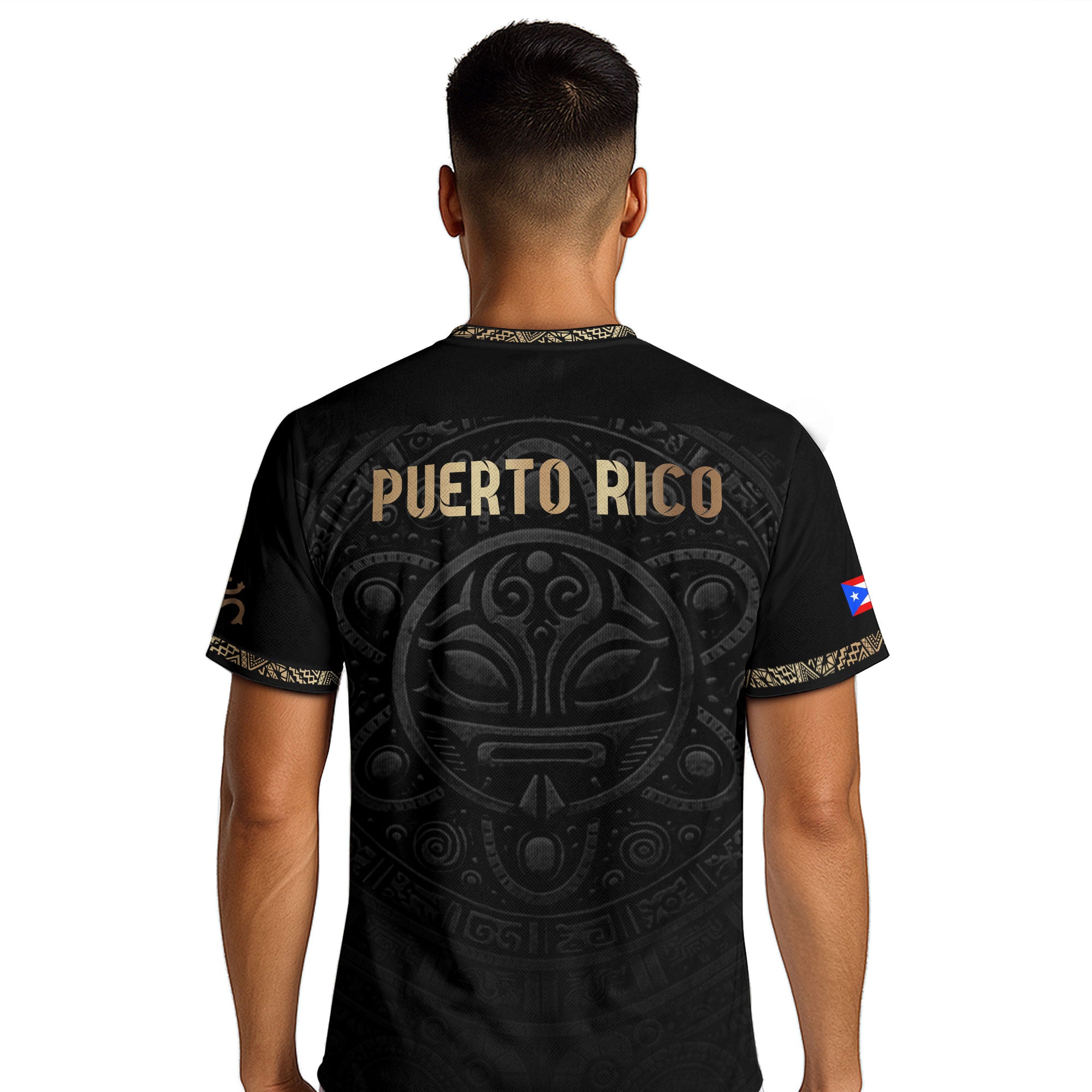 Camiseta de fútbol con máscara taína boricua azul marino de Puerto Rico, bandera tribal, orgullo nacional