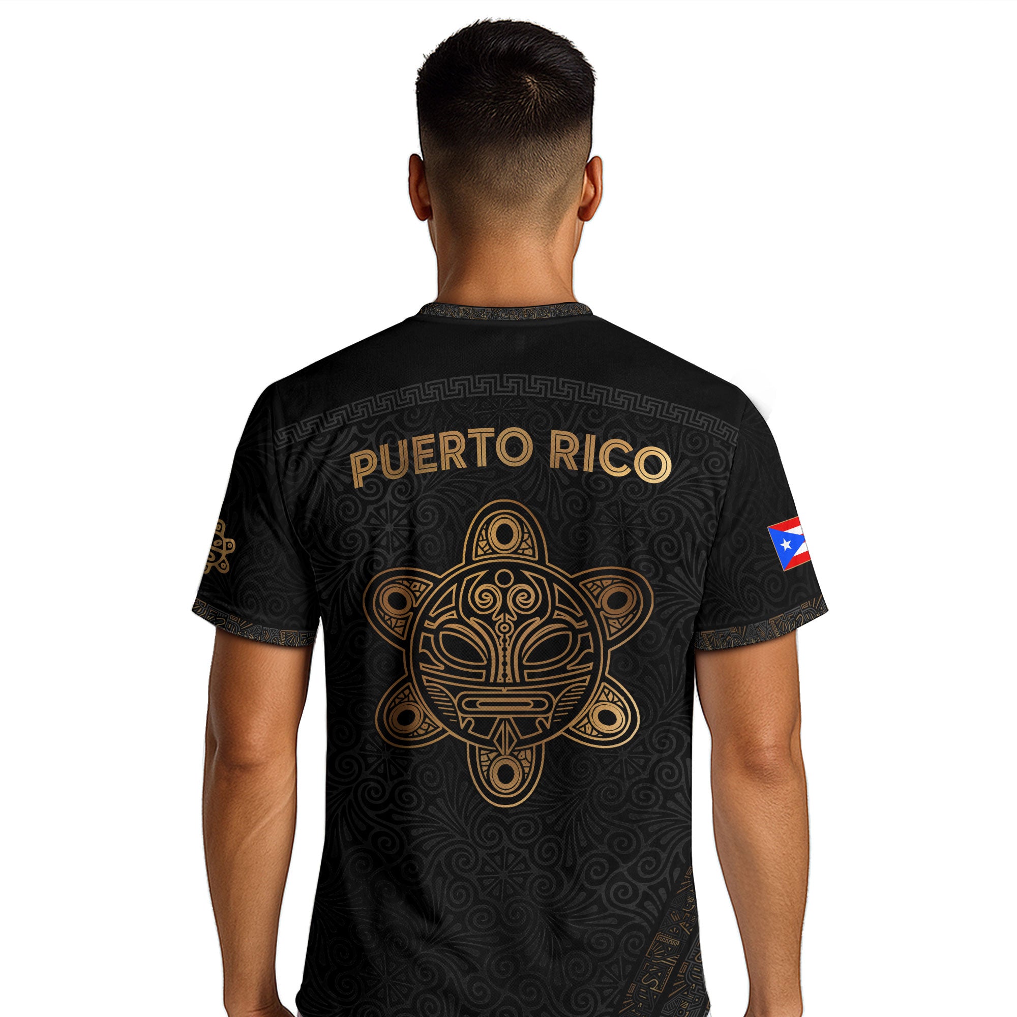 Puerto Rico Soccer Jersey - El Morro & Coqui Frog Design - Taino Sun Tribal Black Gold