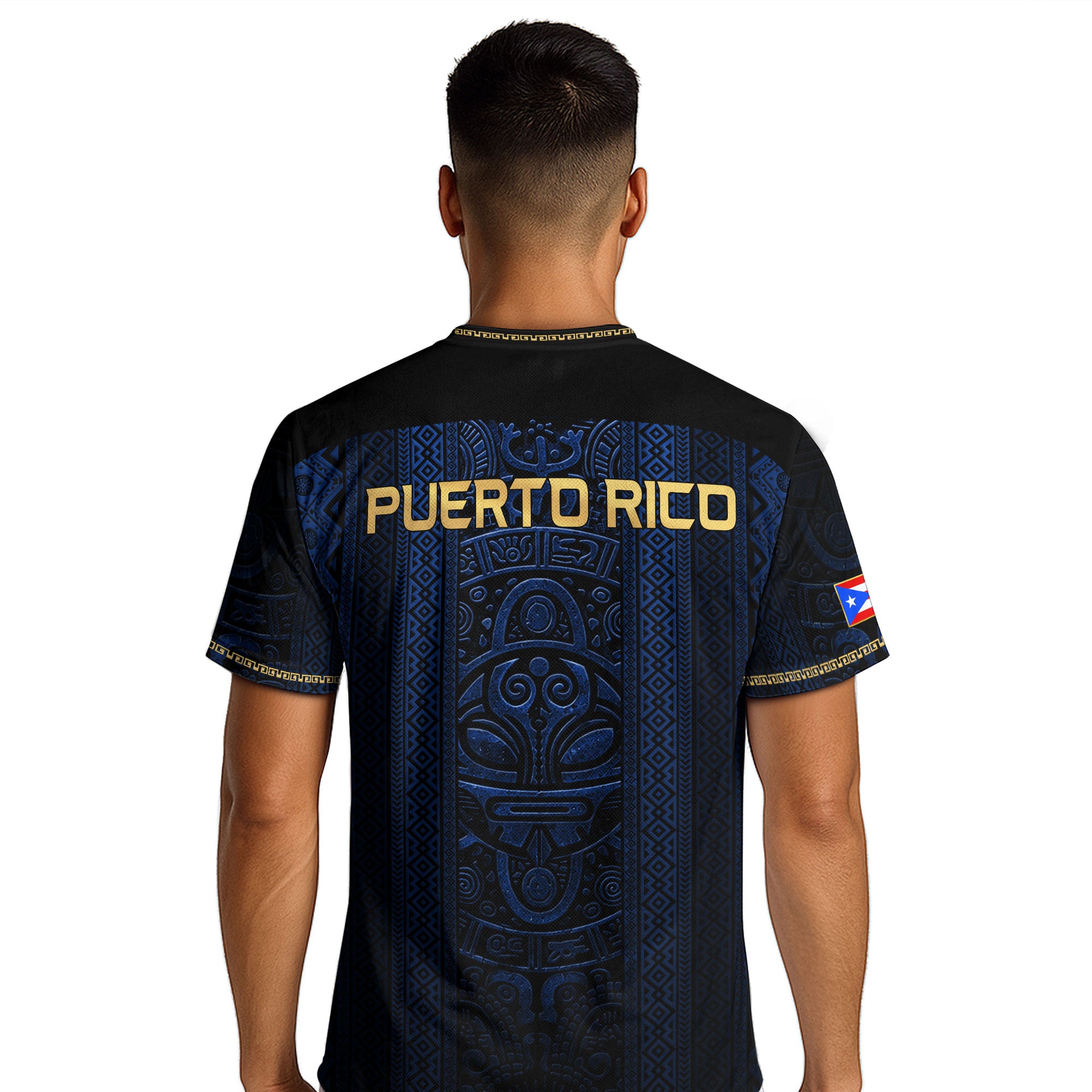Camiseta de fútbol con máscara taína boricua azul marino de Puerto Rico, bandera tribal, orgullo nacional