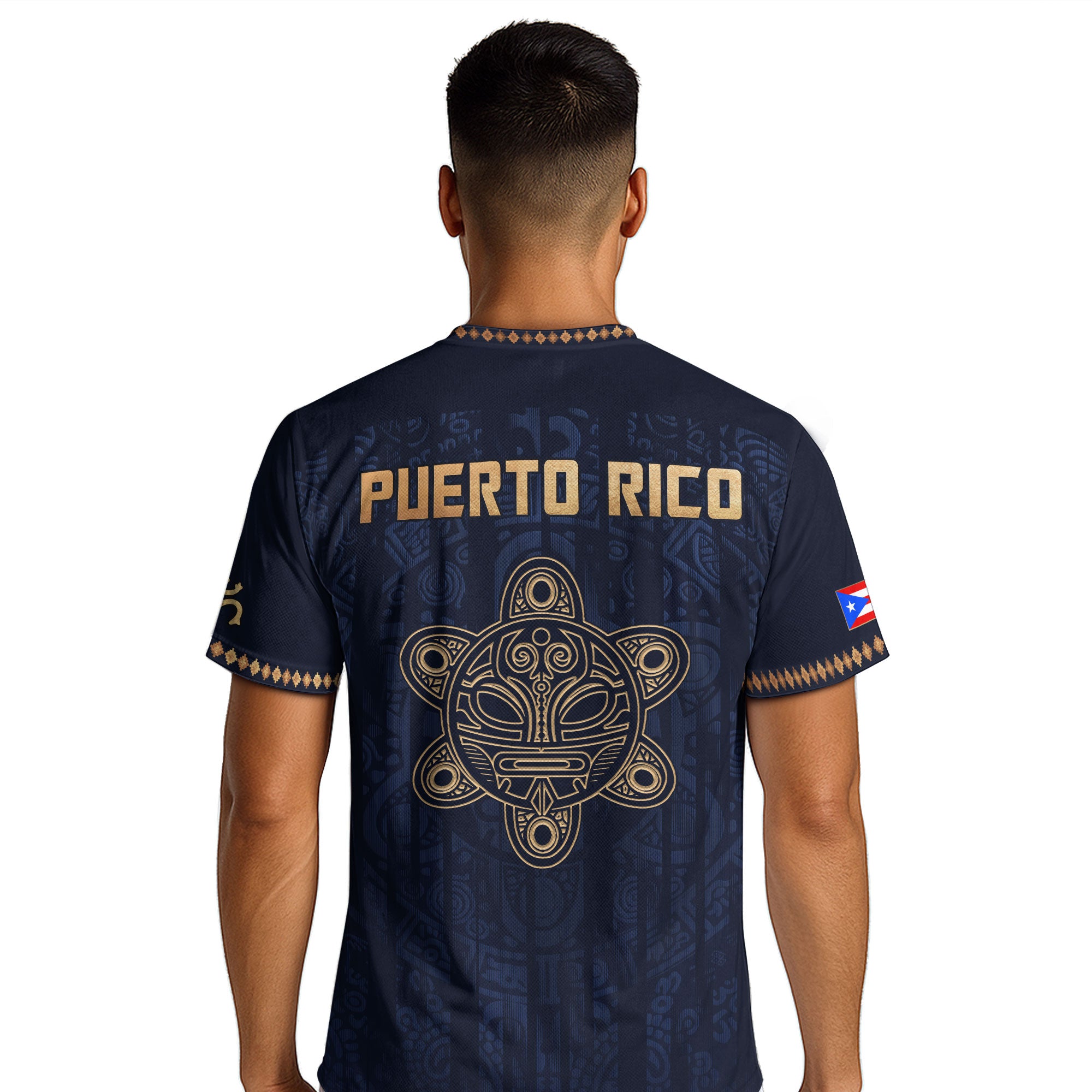 Camiseta de fútbol con máscara taína boricua azul marino de Puerto Rico, bandera tribal, orgullo nacional