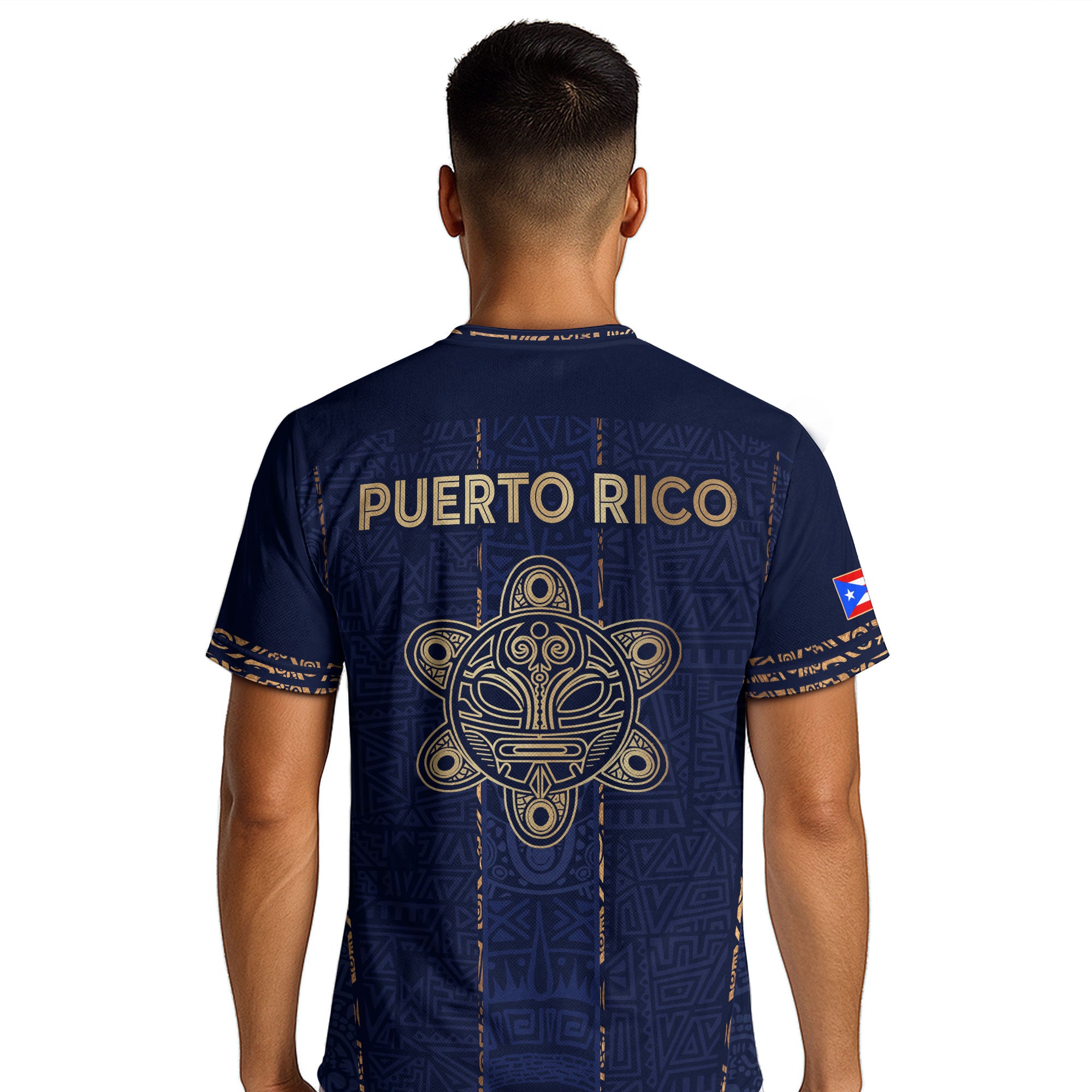 Camiseta de fútbol con máscara taína boricua azul marino de Puerto Rico, bandera tribal, orgullo nacional
