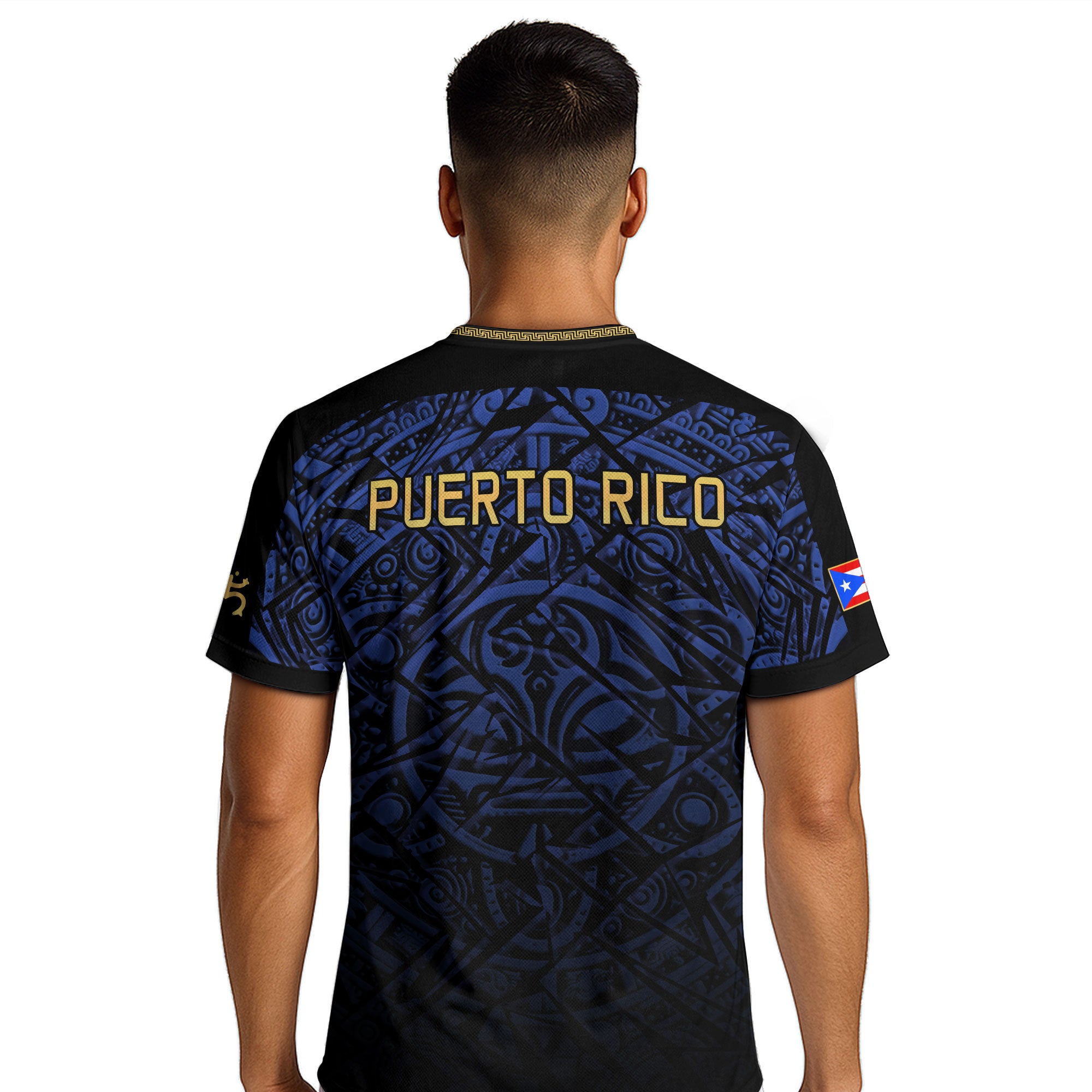 Camiseta de fútbol con máscara taína boricua azul marino de Puerto Rico, bandera tribal, orgullo nacional