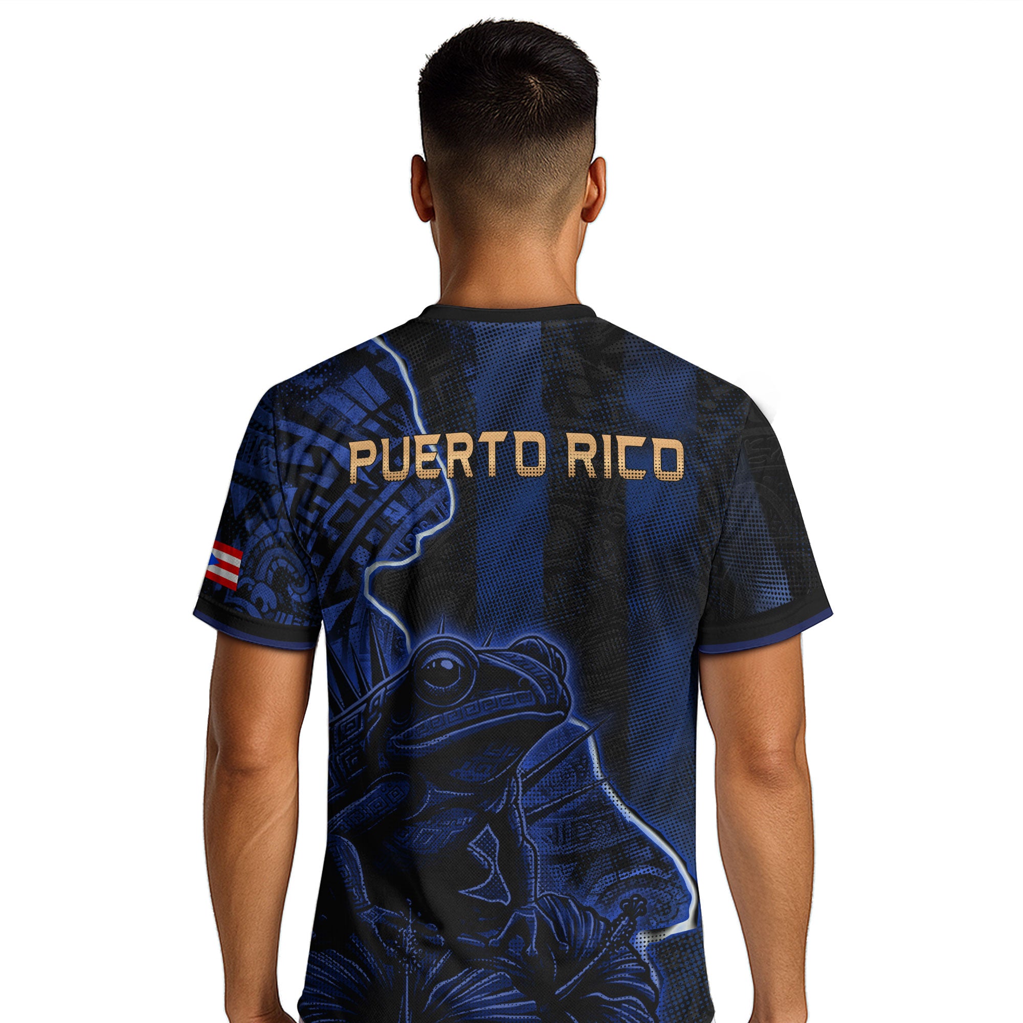 Camiseta de fútbol con máscara taína boricua azul marino de Puerto Rico, bandera tribal, orgullo nacional