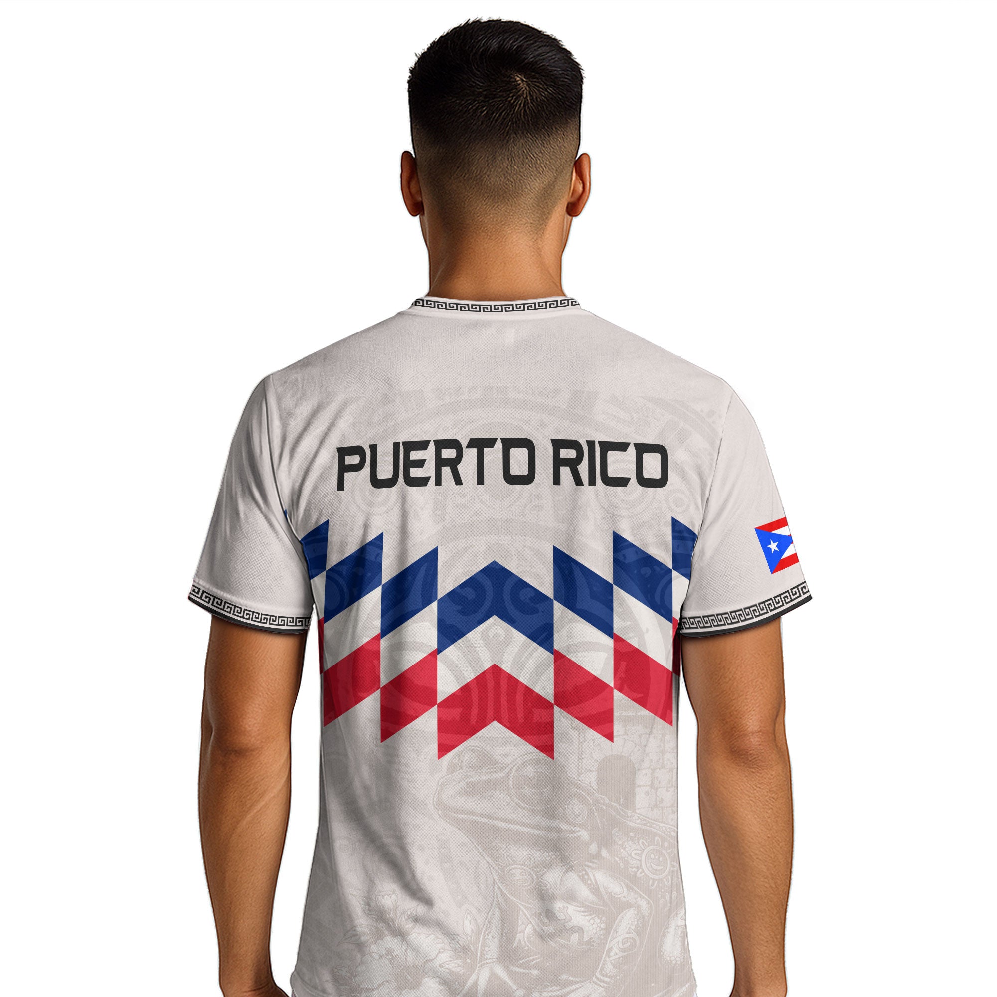 Puerto Rico Soccer Jersey Beige Red Blue Geometric Coqui Tribal Pride Apparel
