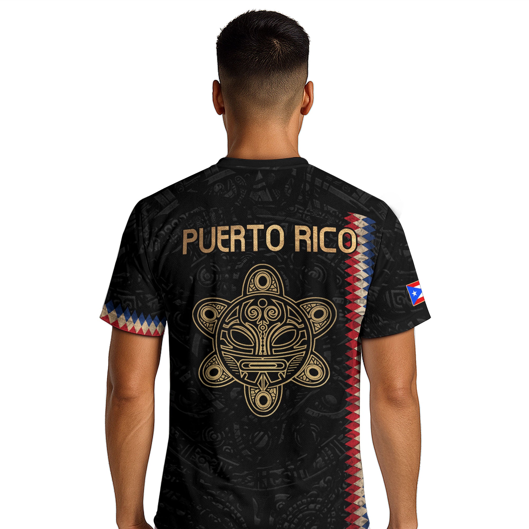 Camiseta de fútbol con máscara taína boricua azul marino de Puerto Rico, bandera tribal, orgullo nacional
