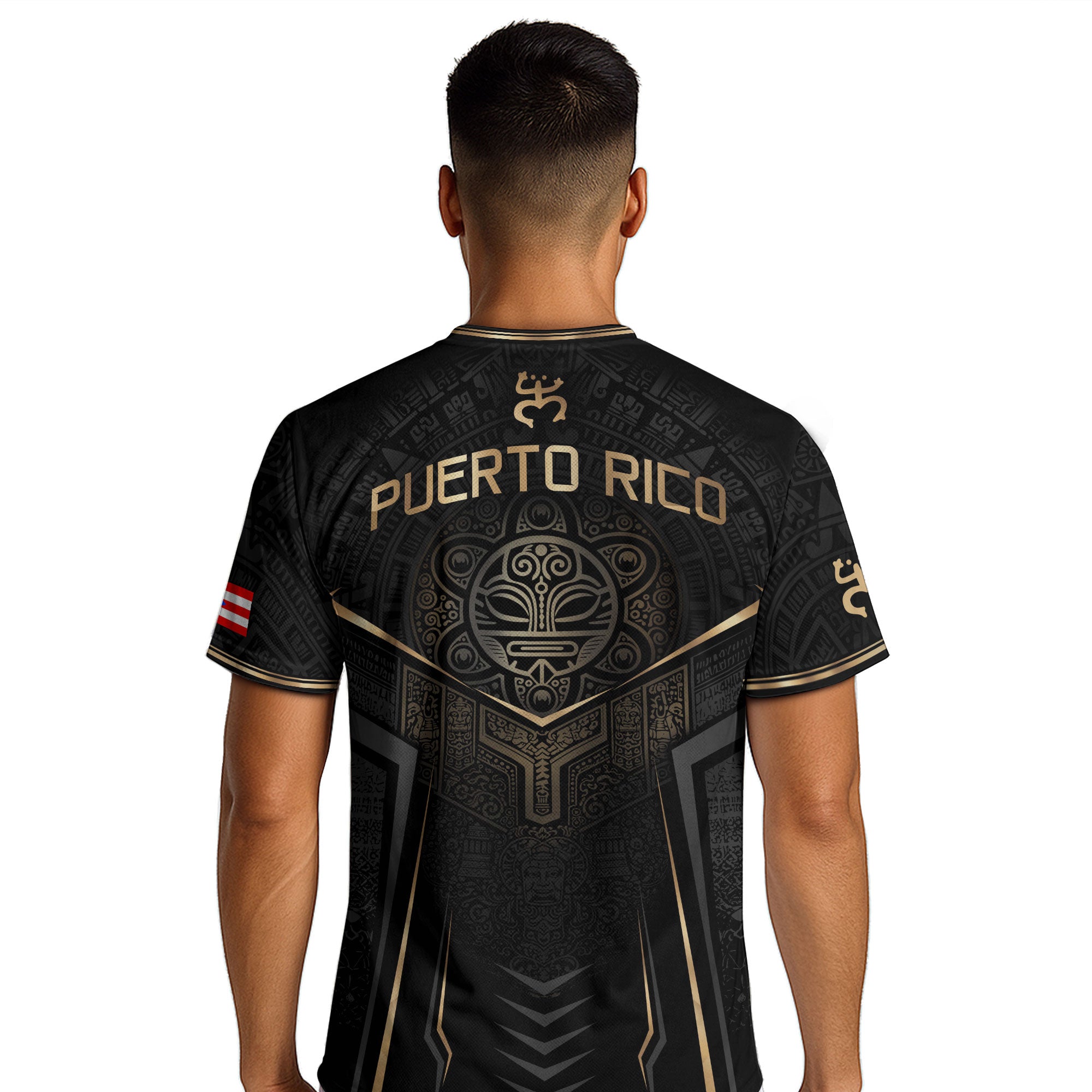Black Puerto Rico Soccer Jersey Gold Coquí Frog Crest - Taino Sun Tribal Football Shirt
