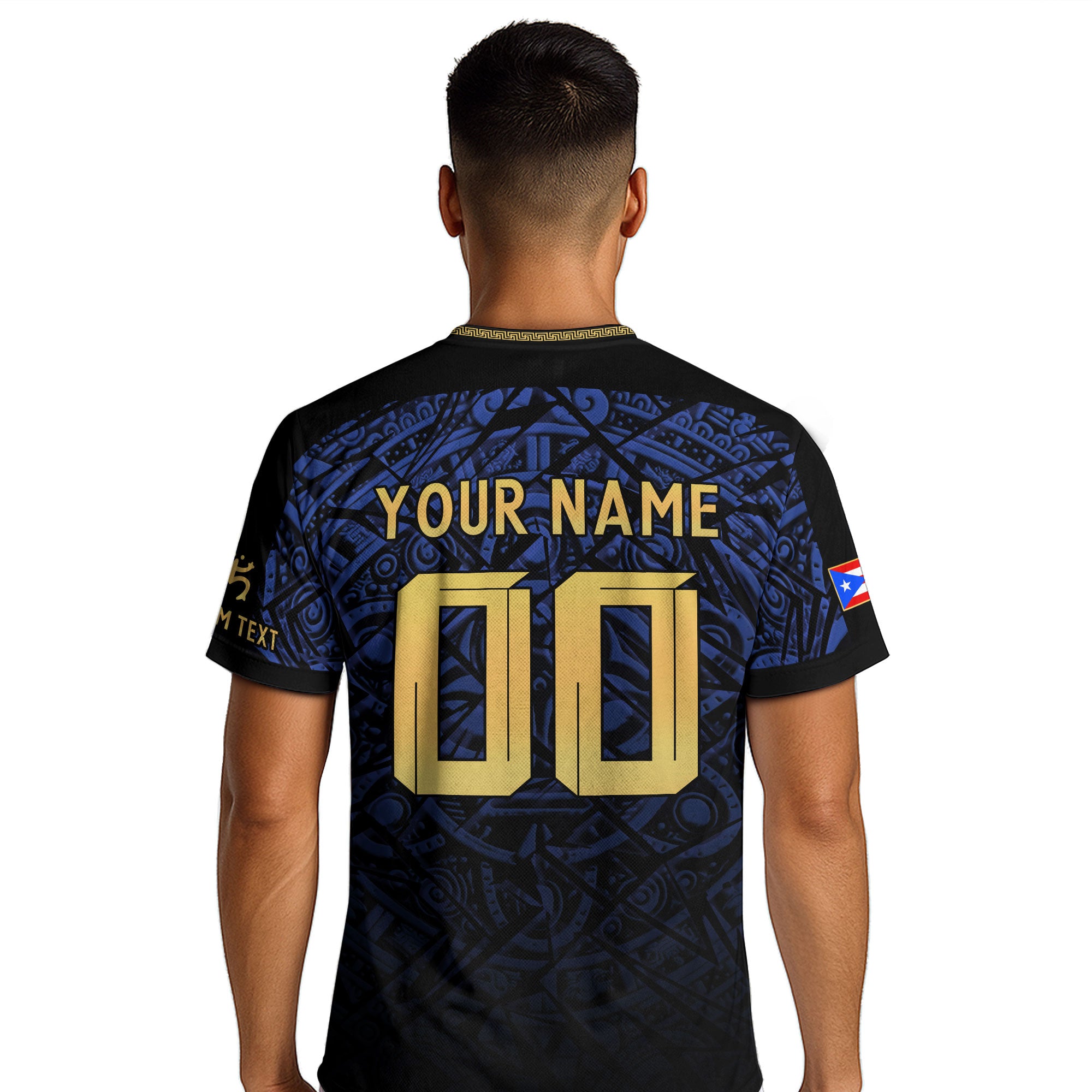 Camiseta de fútbol con máscara taína boricua azul marino de Puerto Rico, bandera tribal, orgullo nacional