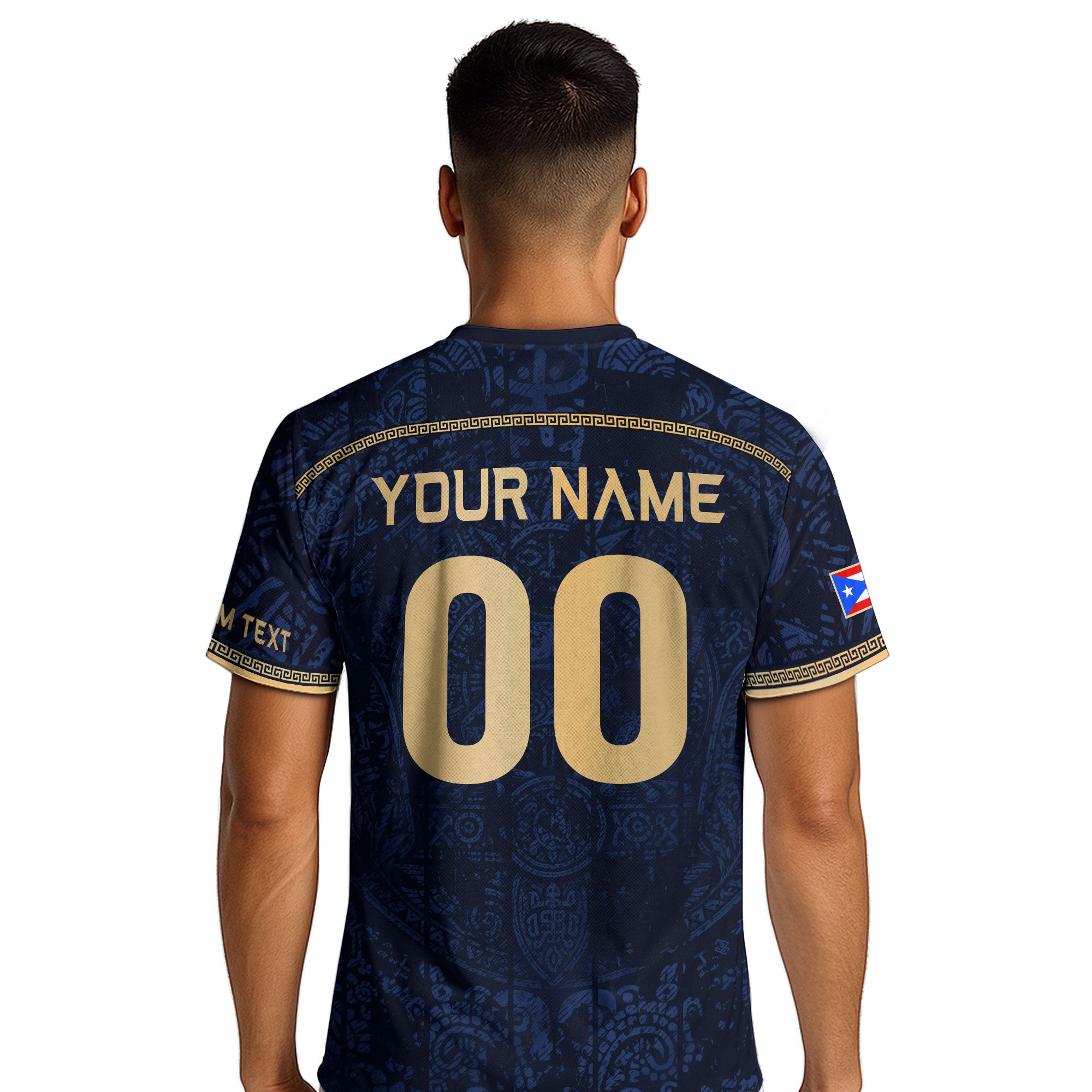 Personalized Name Puerto Rico Soccer Jersey Navy Blue Taino Gold Design Boricua Pride