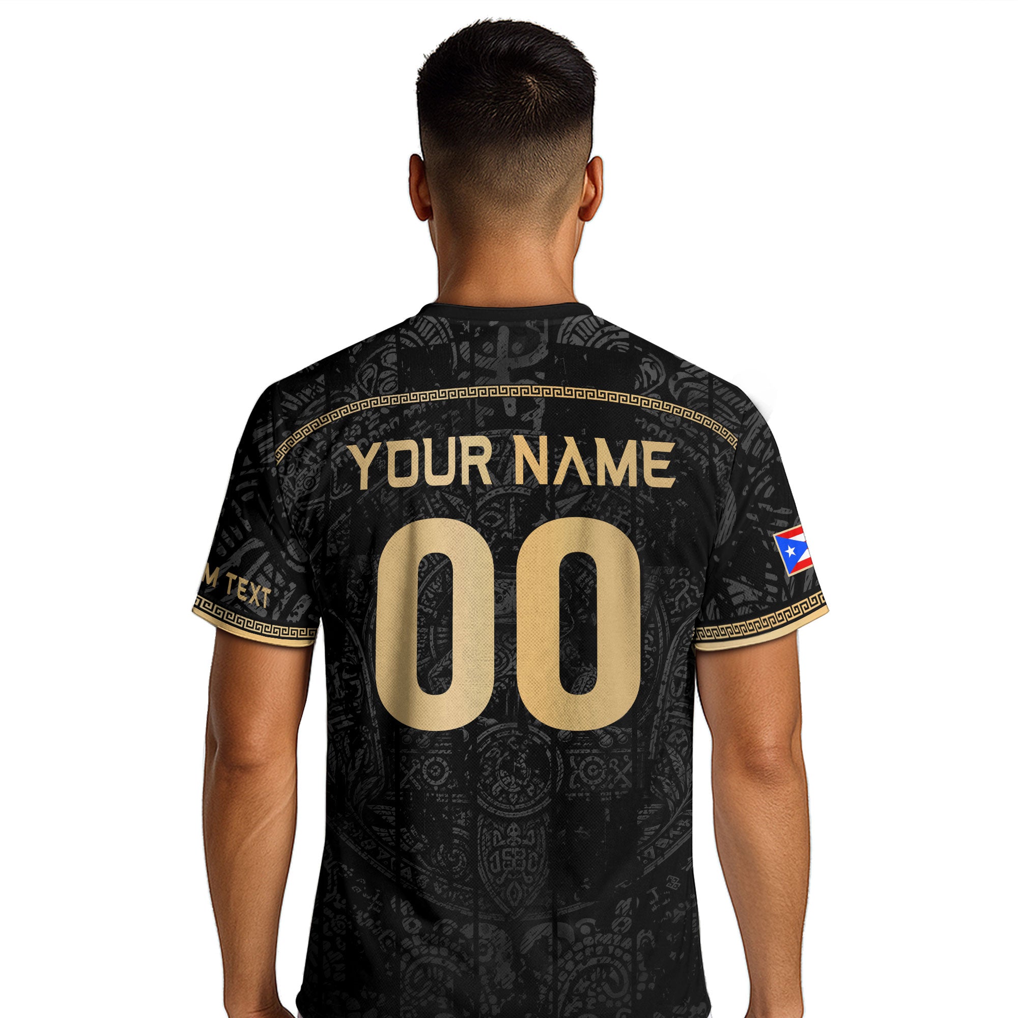 Personalized Name Black Puerto Rico Soccer Jersey Taino Gold Design Boricua Pride