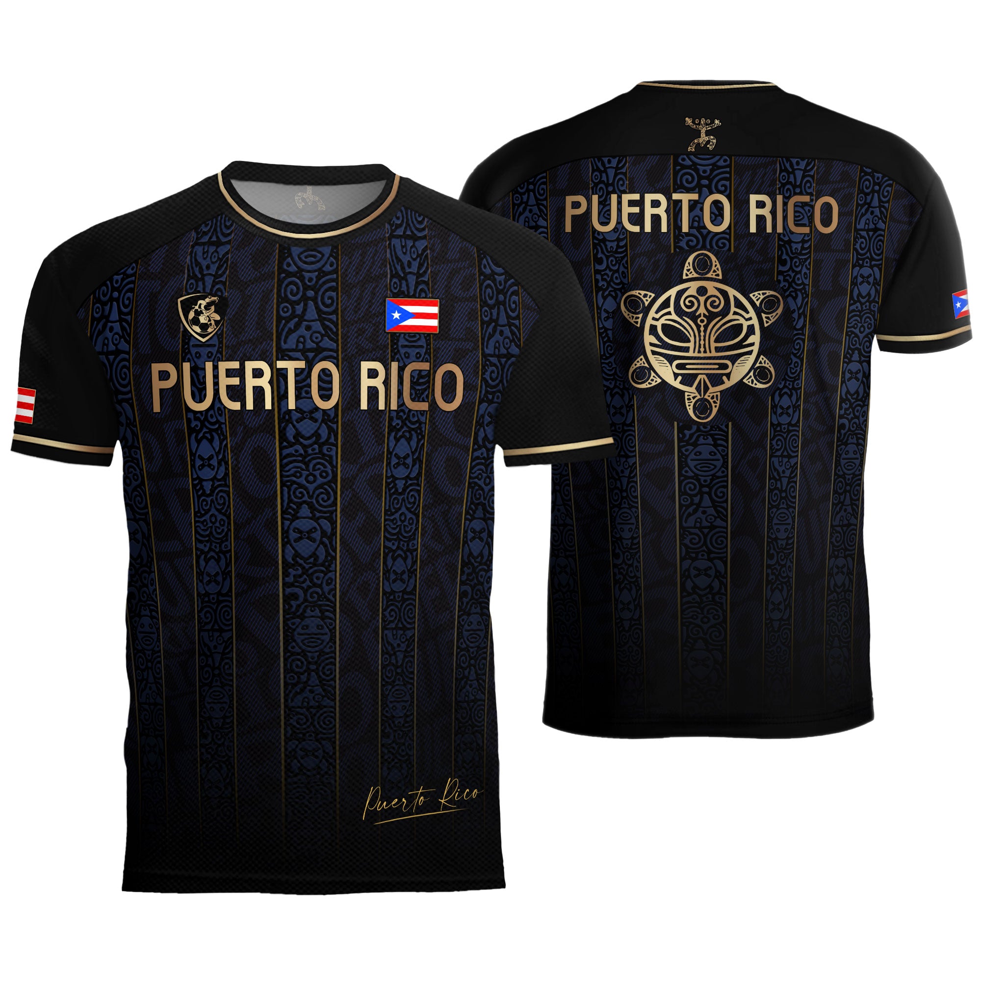 Navy Puerto Rico Soccer Jersey Taino Heritage Gold Coqui Print Boricua Football Shirt Men