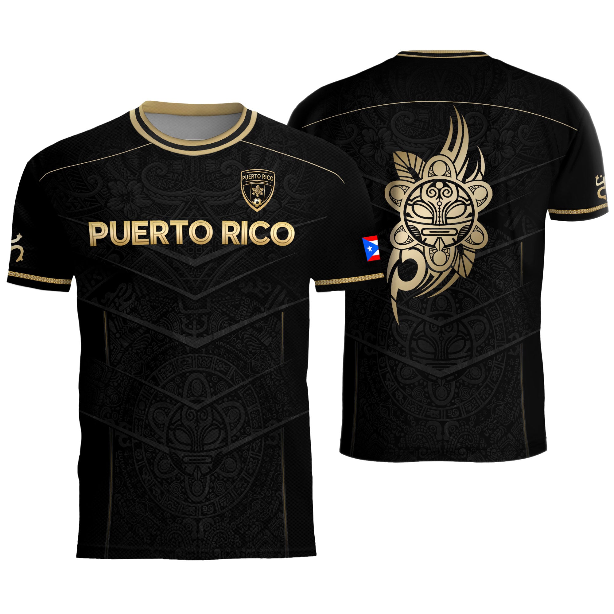Puerto Rico Soccer Jersey - Black Gold Design with Lion Symbol & Puerto Rico Flag