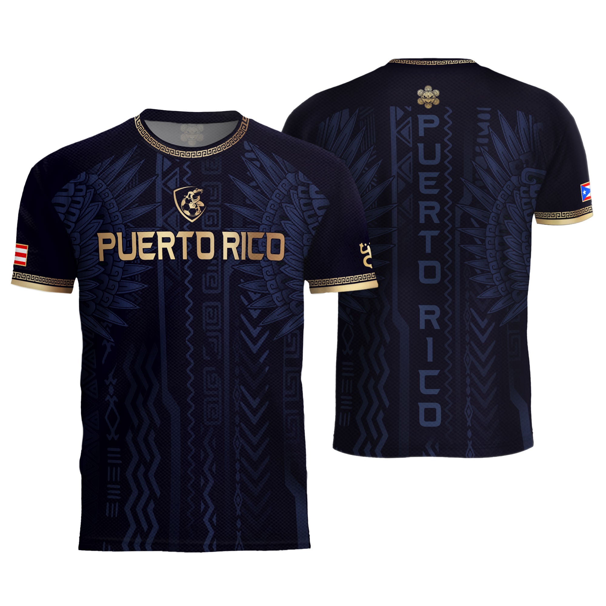 Camiseta de fútbol con máscara taína boricua azul marino de Puerto Rico, bandera tribal, orgullo nacional