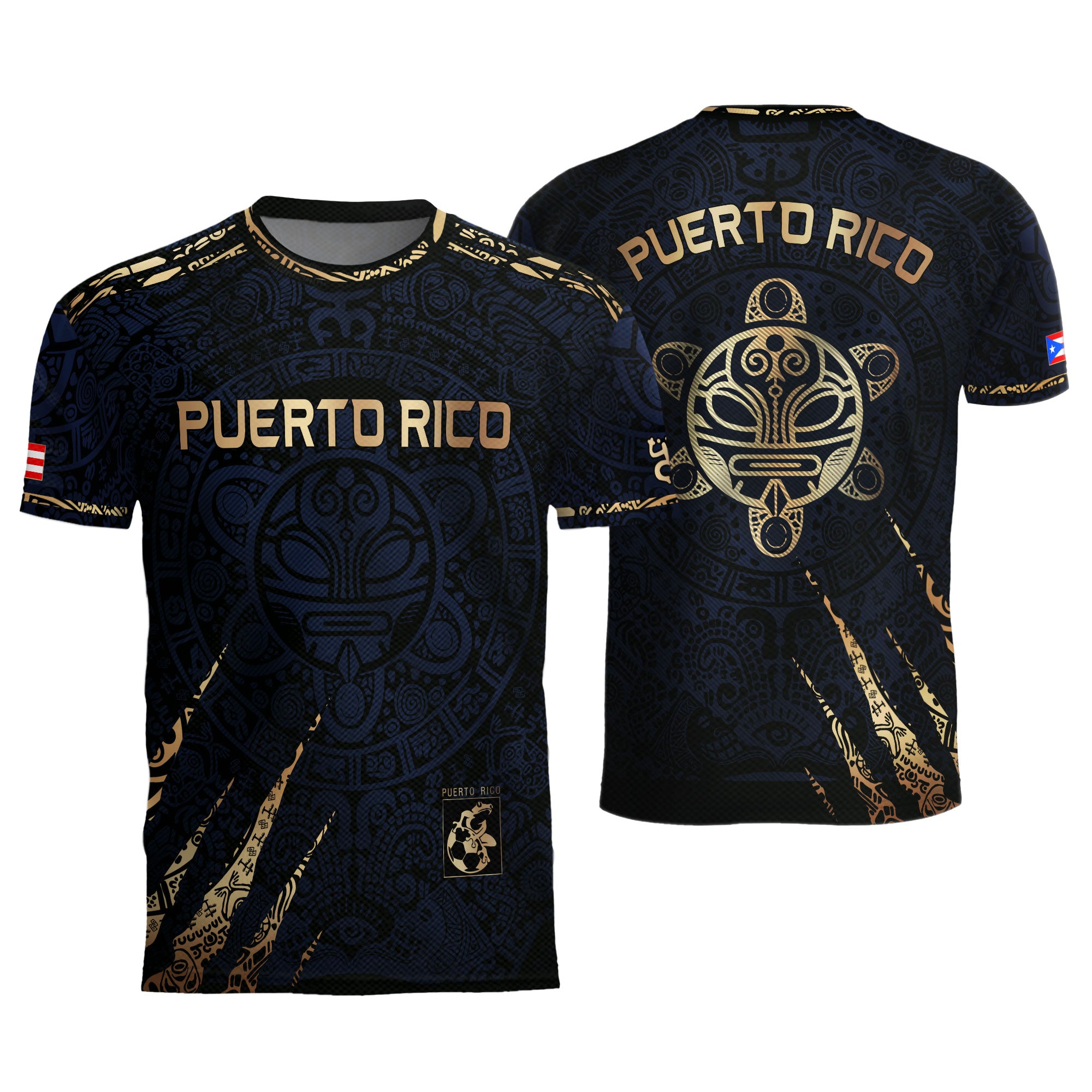 Camiseta de fútbol con máscara taína boricua azul marino de Puerto Rico, bandera tribal, orgullo nacional
