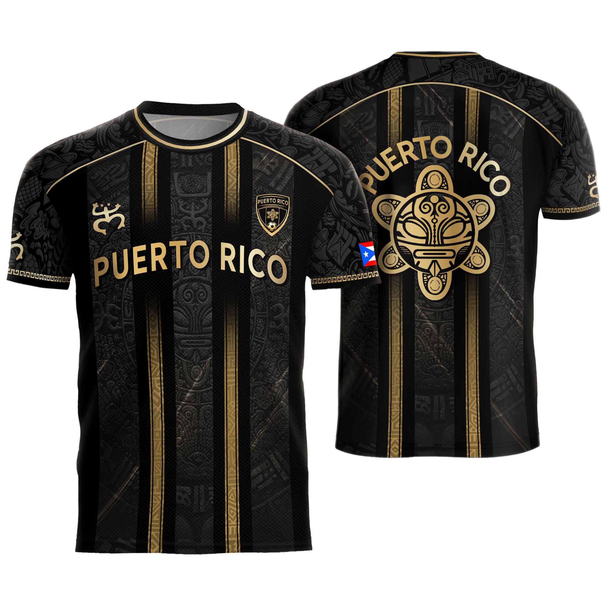 Puerto Rico Soccer Jersey - Black Vertical Stripe Taino Sun Heritage Football Shirt