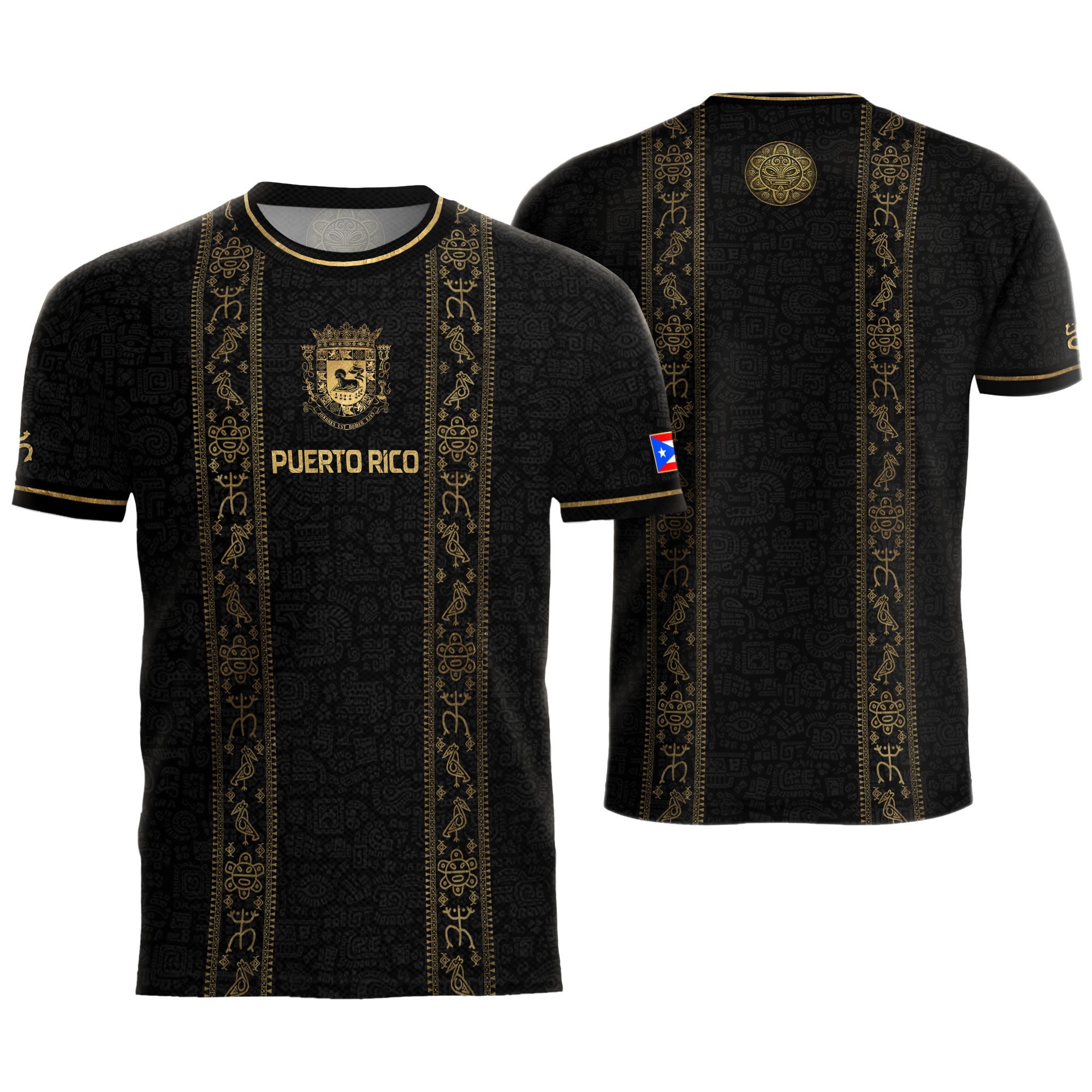 Puerto Rico Soccer Jersey - Coat of Arms & Taino Petroglyphs Black Heritage Shirt