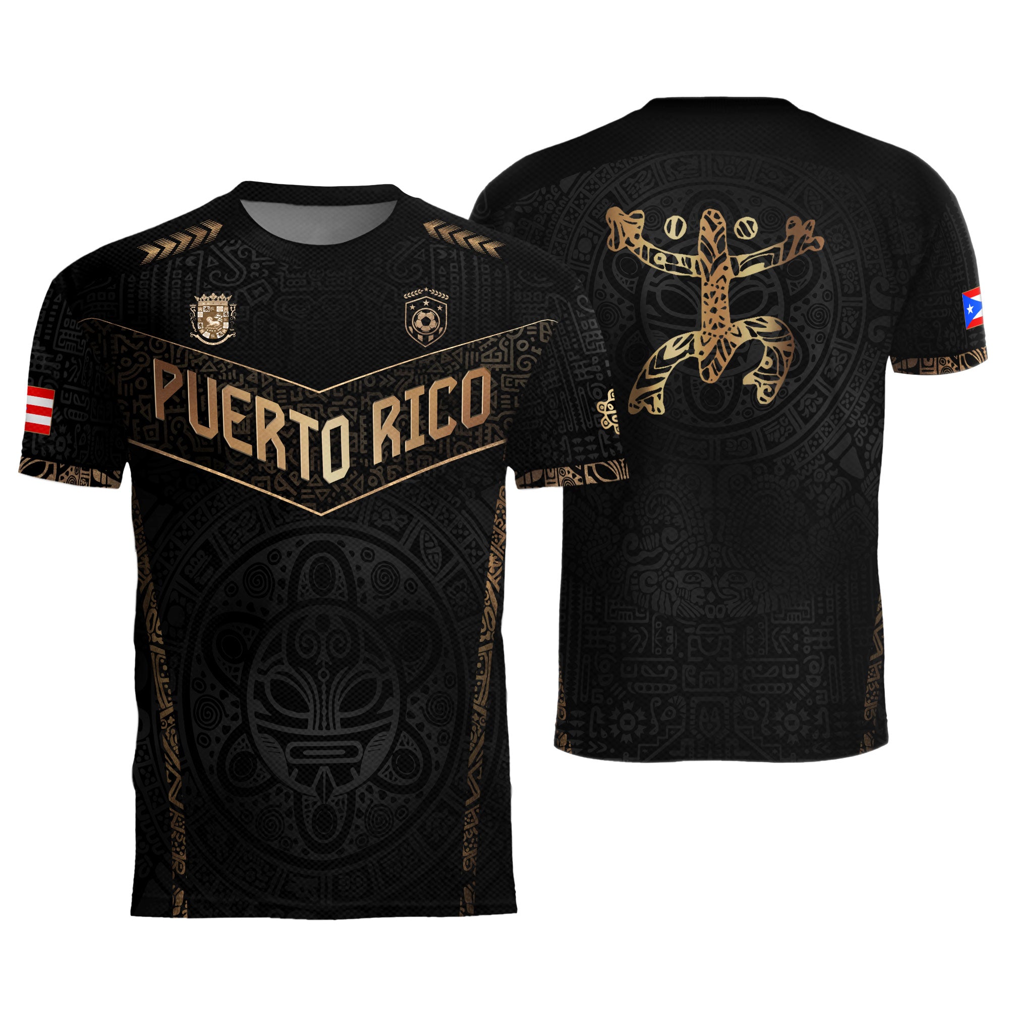 Puerto Rico Soccer Jersey Black Gold - Coquí Frog & Taino Sun - V-Shape Tribal Shirt