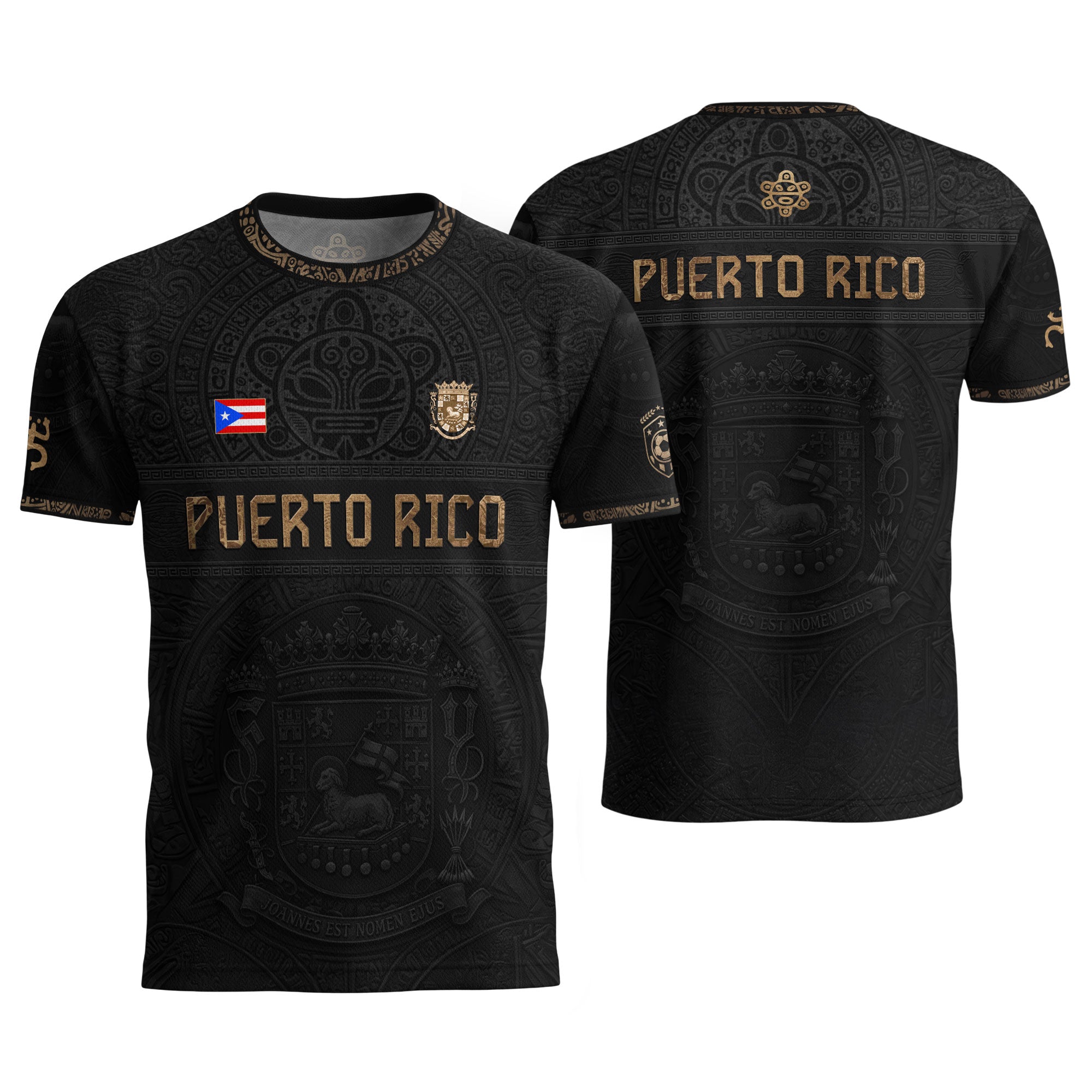 Black Gold Puerto Rico Soccer Jersey Taino Sun & Coat of Arms Football Shirt