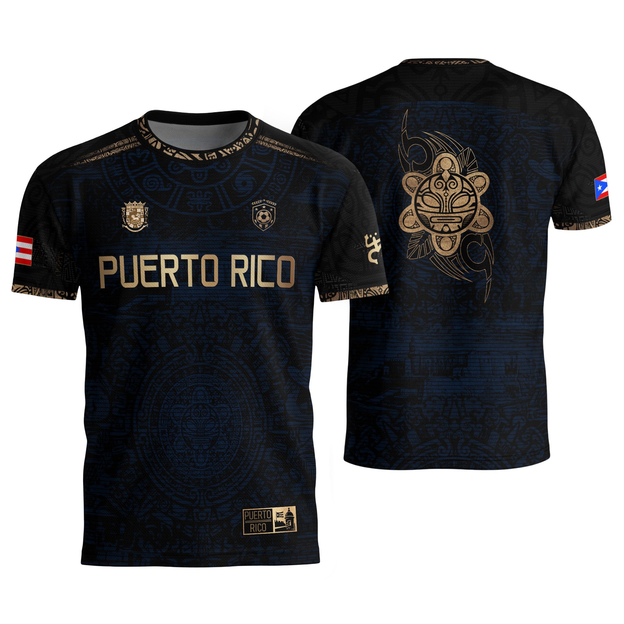 Puerto Rico Soccer Jersey Navy Gold - Taino Sun Calendar Design - Boricua Football Shirt