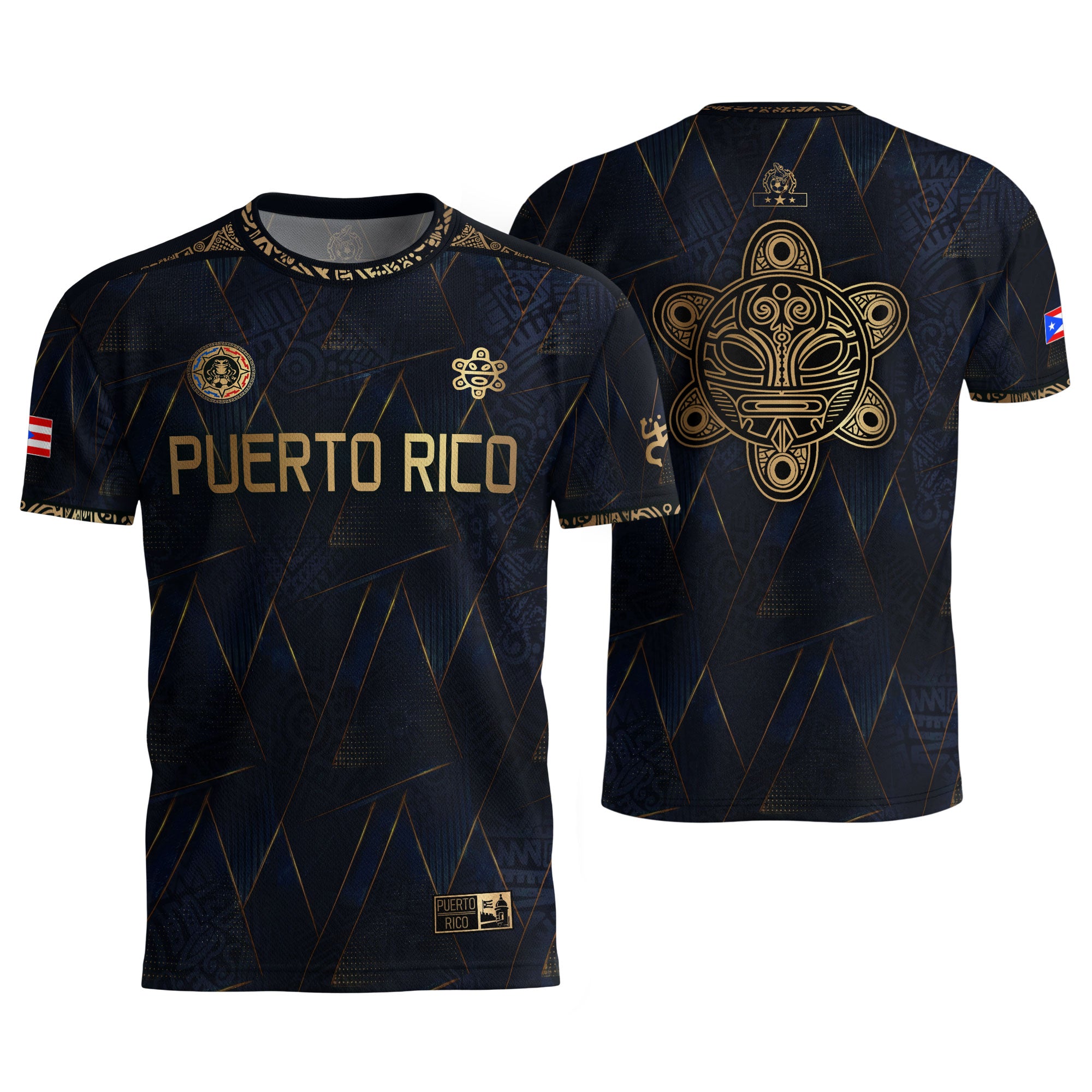 Puerto Rico Soccer Jersey Navy Gold - Geometric Taino Sun Design - Boricua Football Shirt