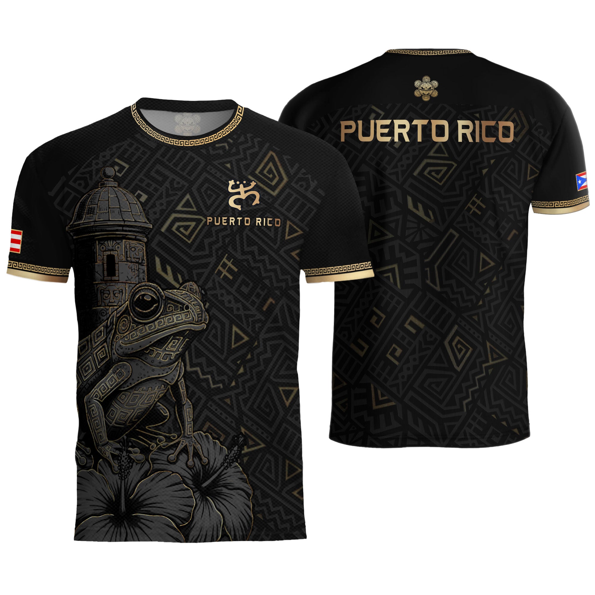 Puerto Rico Soccer Jersey Black Gold Coqui Frog Taino Pattern Patriotic
