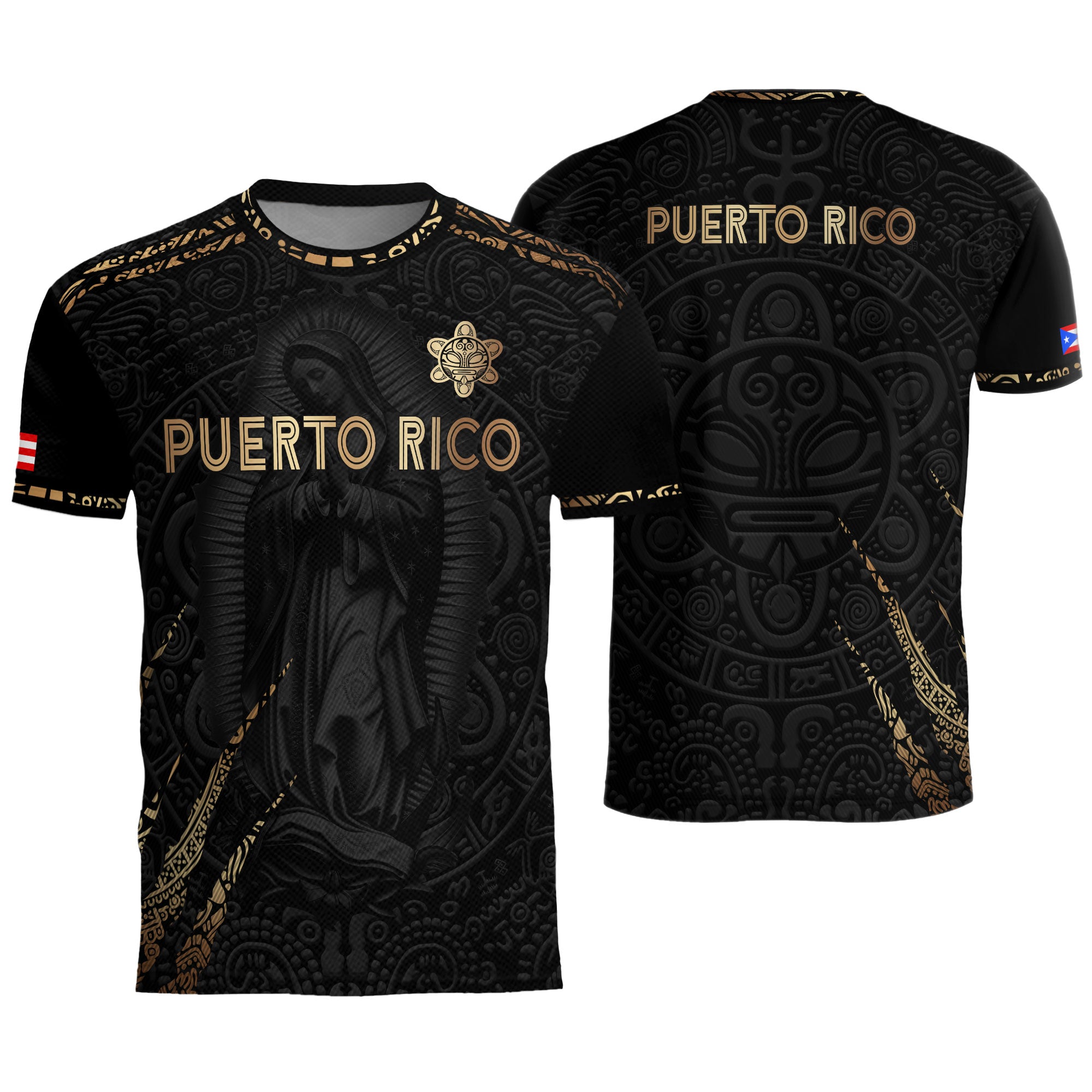 Puerto Rico Soccer Jersey Virgin Mary Guadalupe Taino Pattern Black Gold