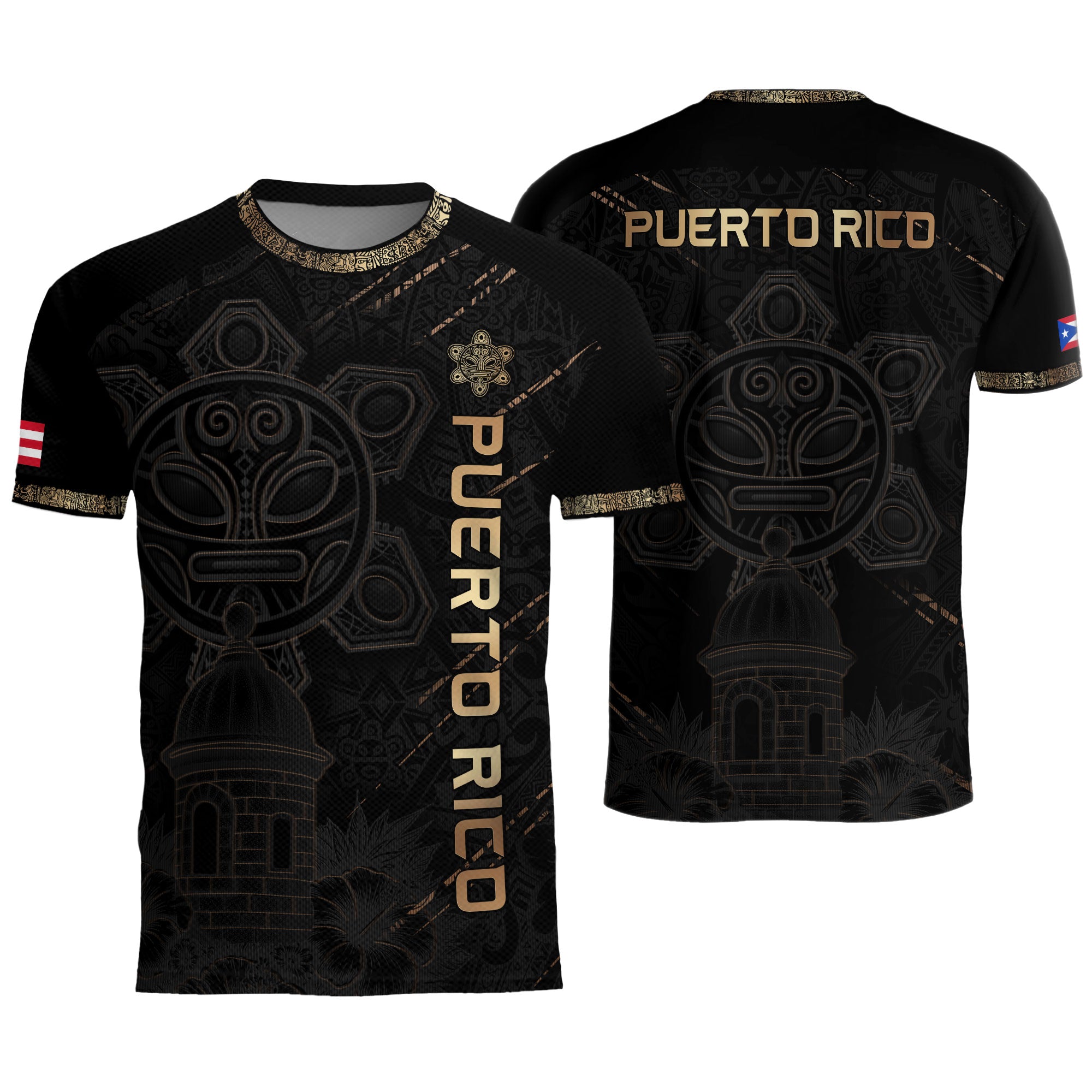 Puerto Rico Soccer Jersey Black Gold Taino Art Patriotic Fan Shirt