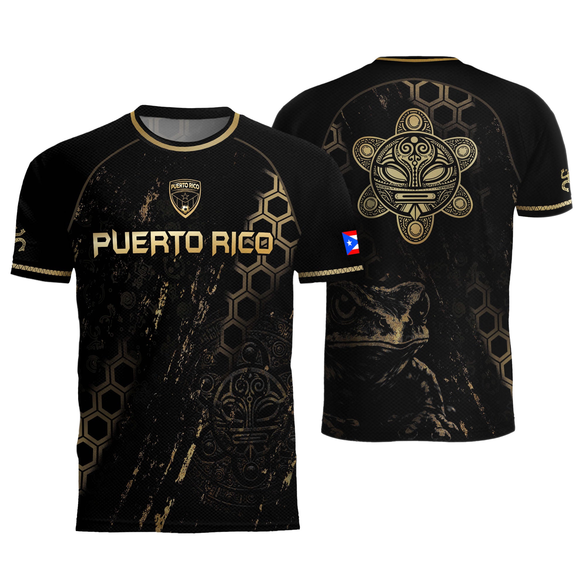 Puerto Rico Heritage Black Gold Coqui Frog Graphic Taino Mask Pride Soccer Jersey