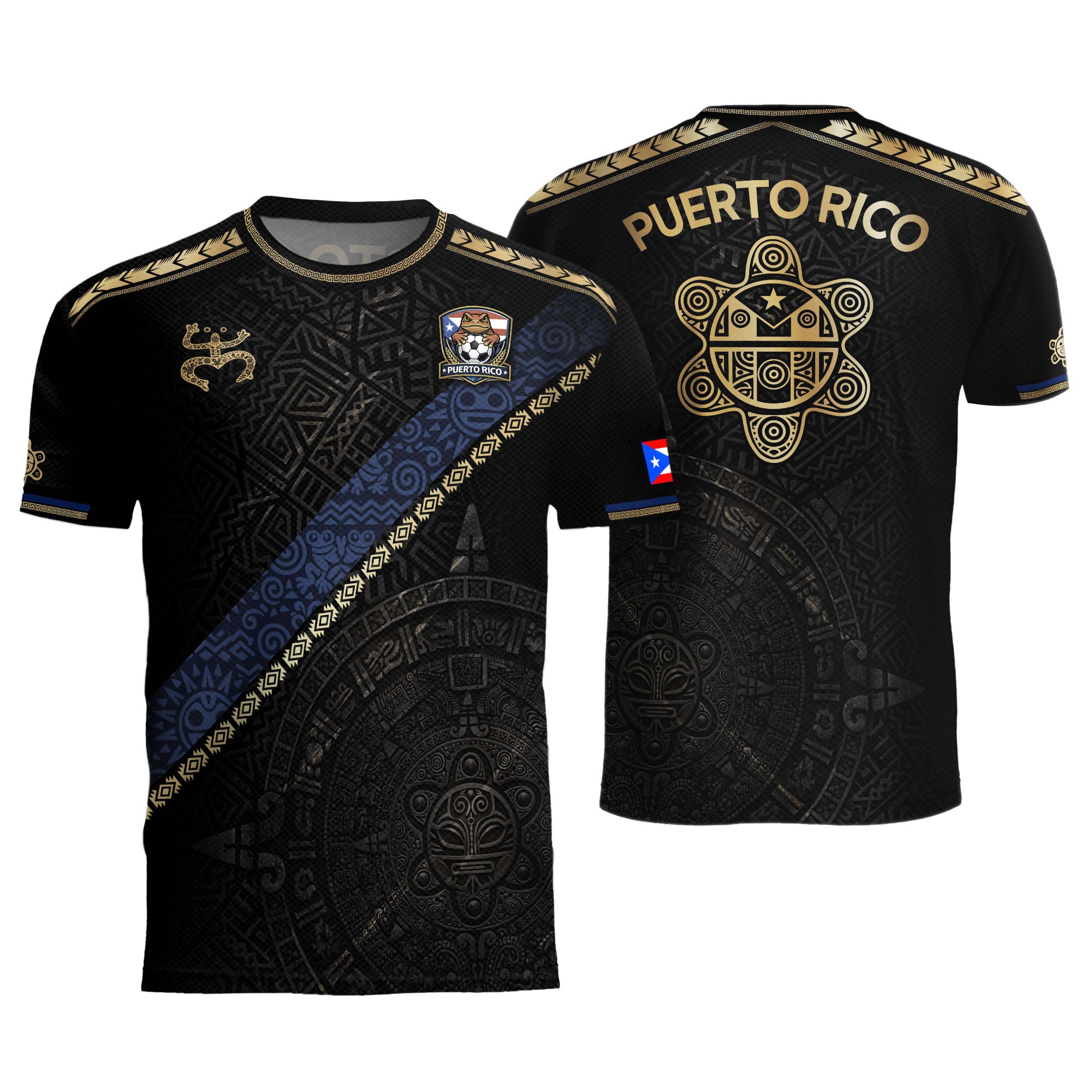 Puerto Rico Heritage Black Sash Graphic Gold Pattern Boricua Pride Soccer Jersey