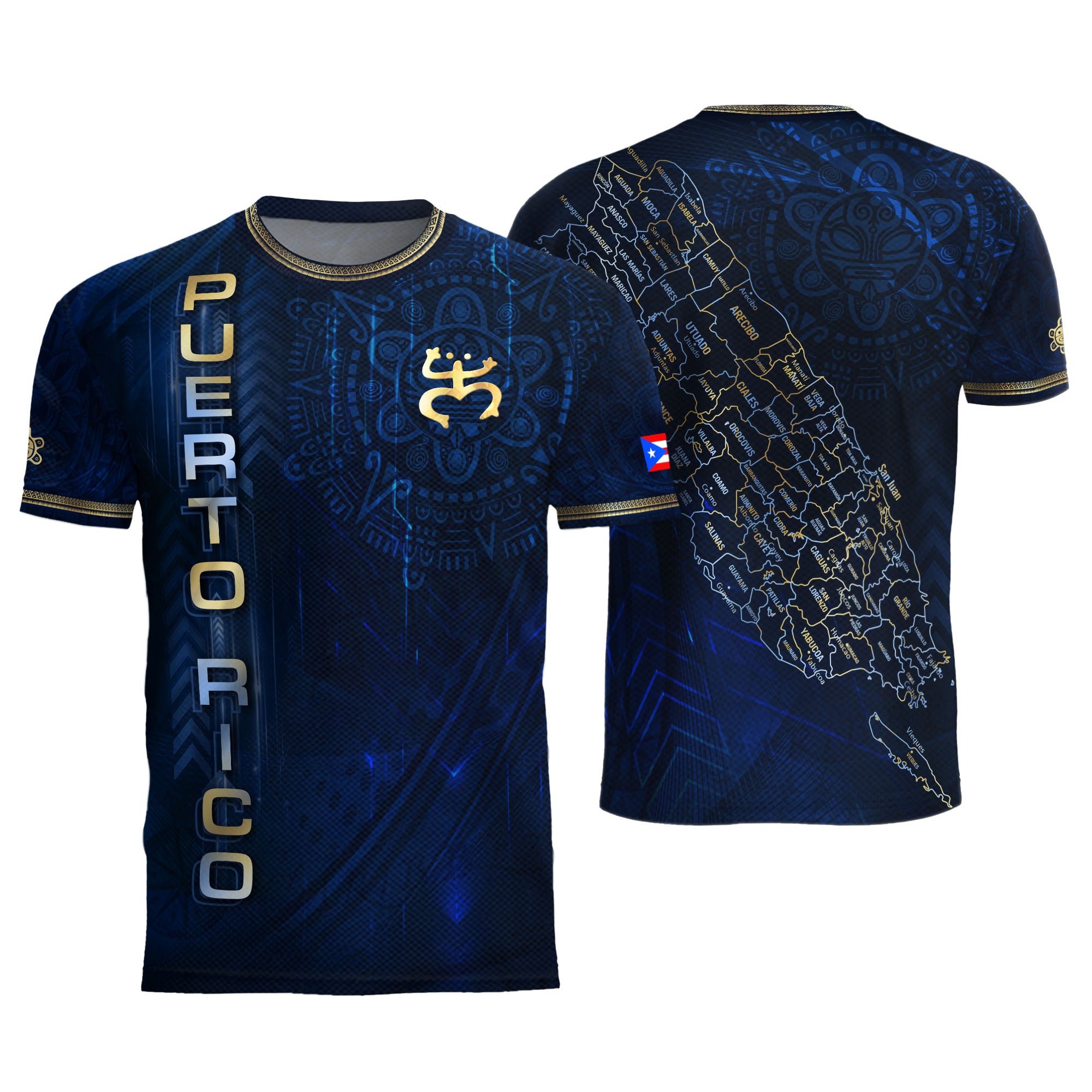 Puerto Rico Heritage Orgullo Boricua Navy Gold Detailed Island Map Coqui Soccer Jersey