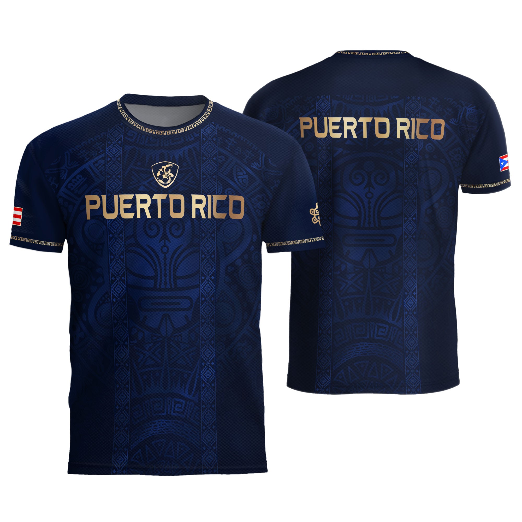 Camiseta de fútbol con máscara taína boricua azul marino de Puerto Rico, bandera tribal, orgullo nacional