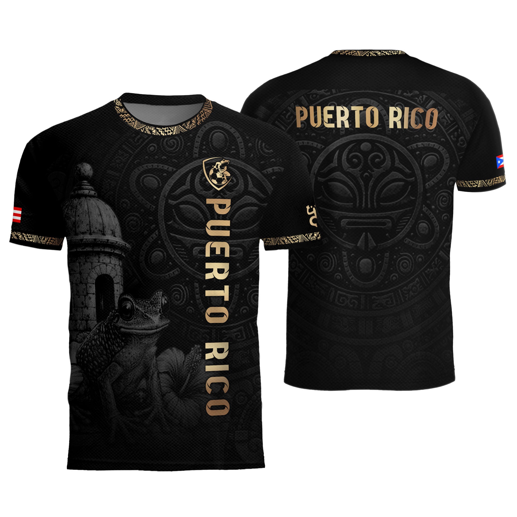 Camiseta de fútbol con máscara taína boricua azul marino de Puerto Rico, bandera tribal, orgullo nacional