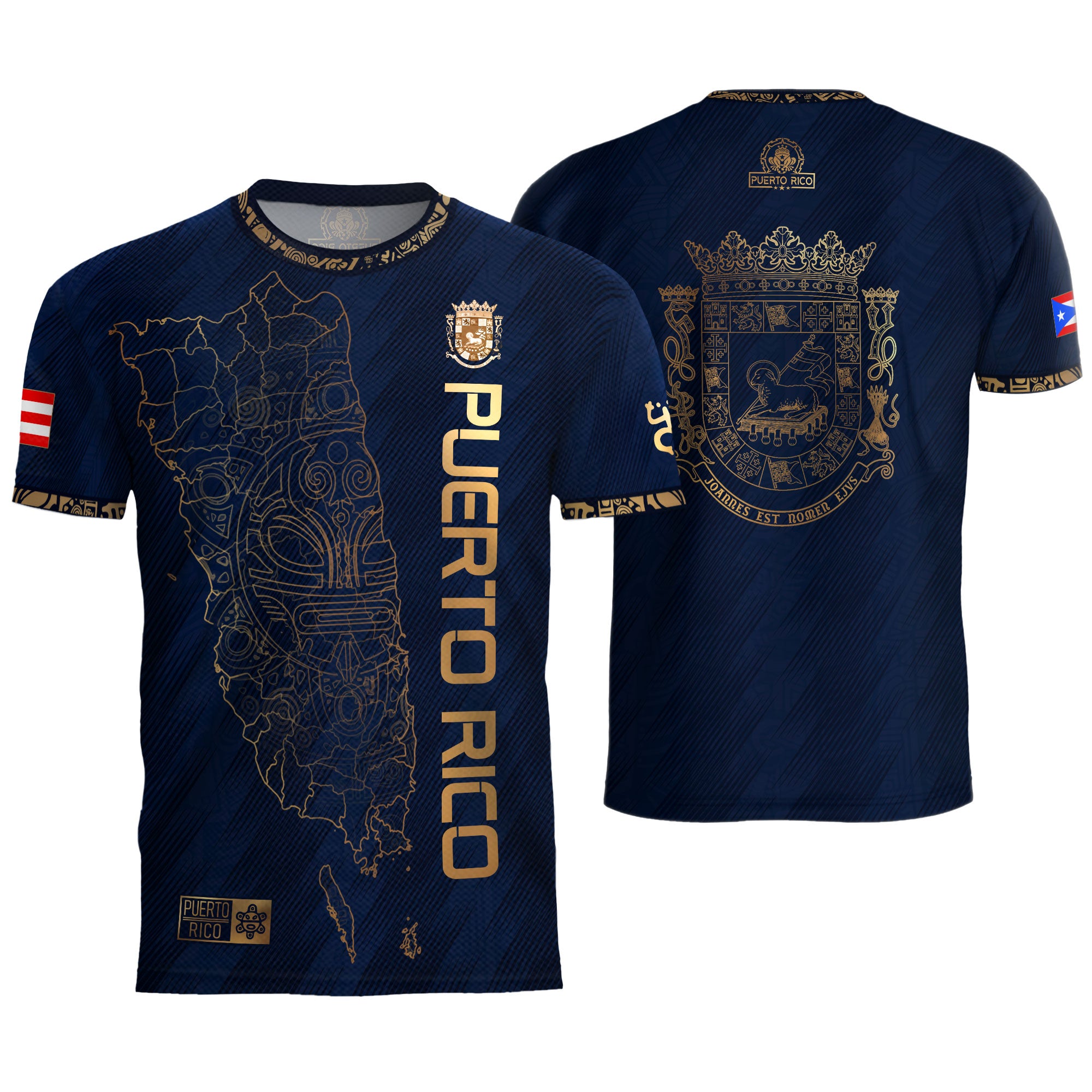 Puerto Rico Soccer Jersey Navy Gold - Puerto Rico Map & Coat of Arms Edition Football Shirt