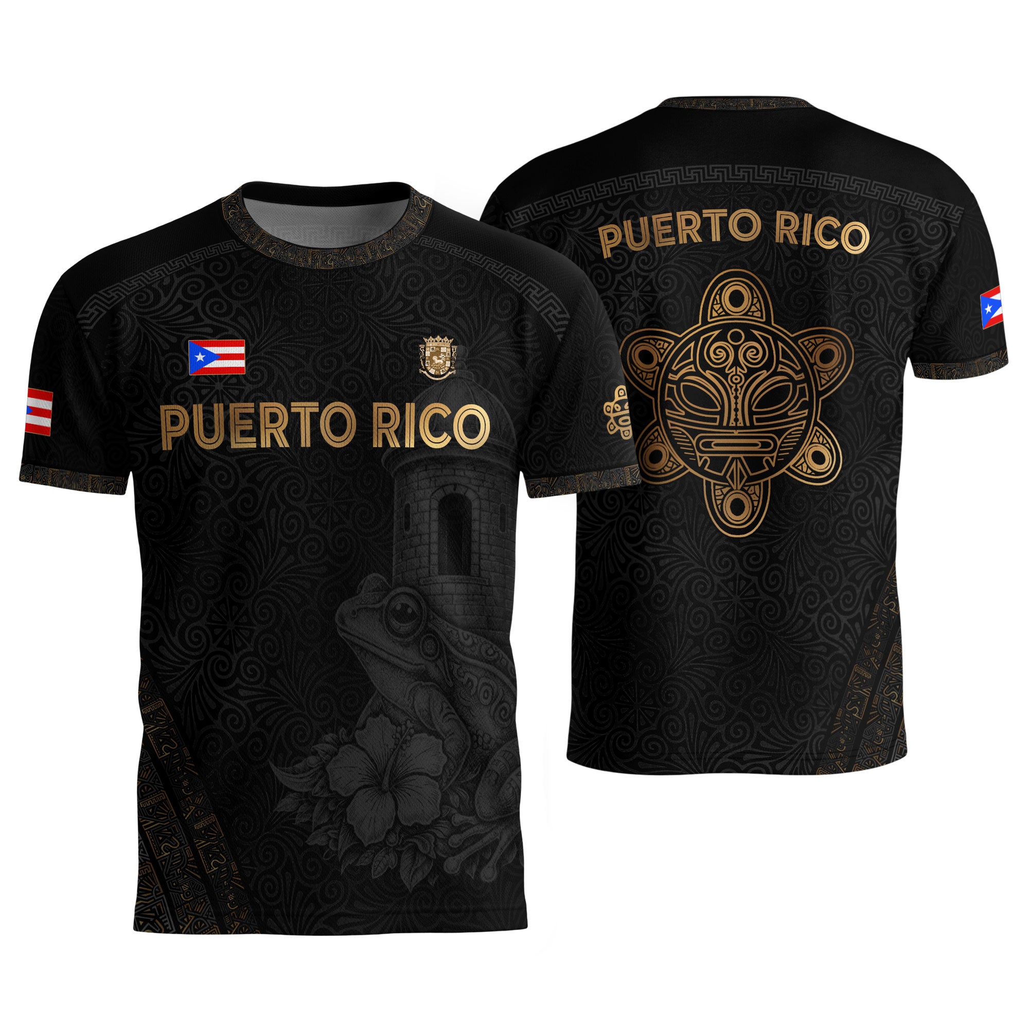 Puerto Rico Soccer Jersey - El Morro & Coqui Frog Design - Taino Sun Tribal Black Gold