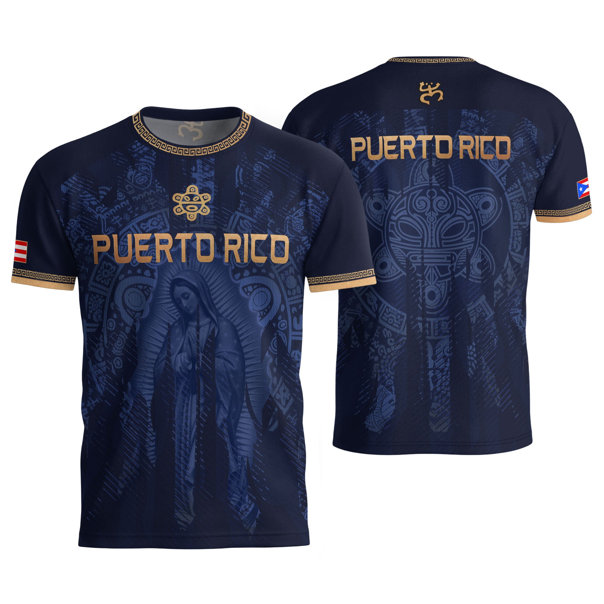 Puerto Rico Jersey Virgin Mary Navy Gold Catholic Faith Taino Symbols Boricua Pride