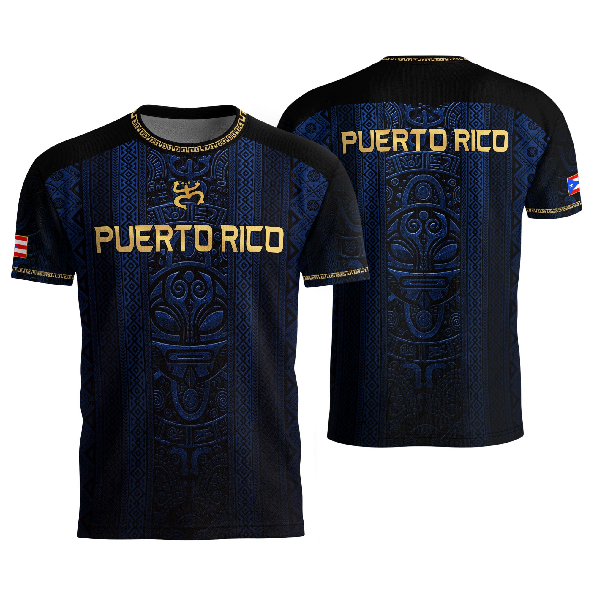 Camiseta de fútbol con máscara taína boricua azul marino de Puerto Rico, bandera tribal, orgullo nacional