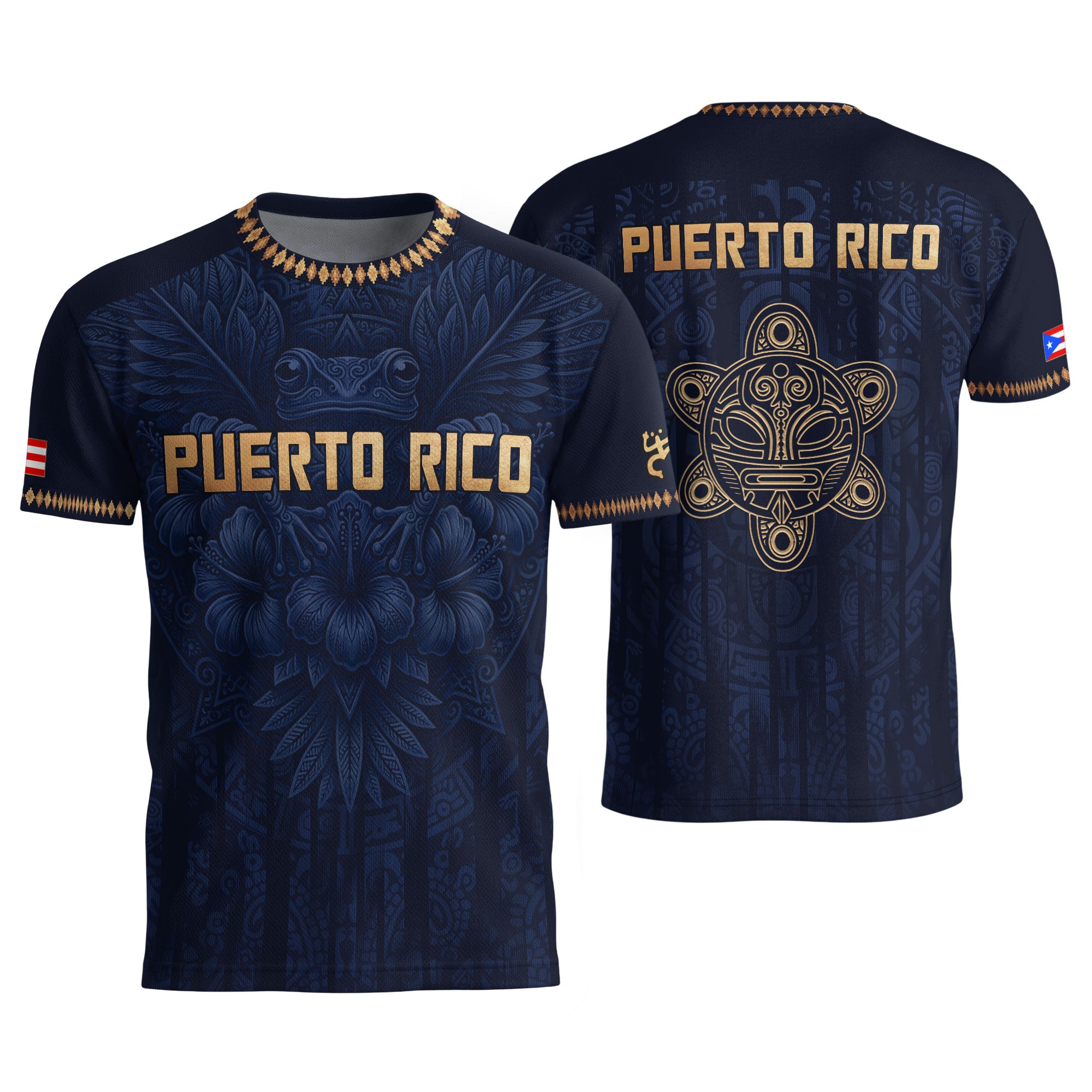 Camiseta de fútbol con máscara taína boricua azul marino de Puerto Rico, bandera tribal, orgullo nacional