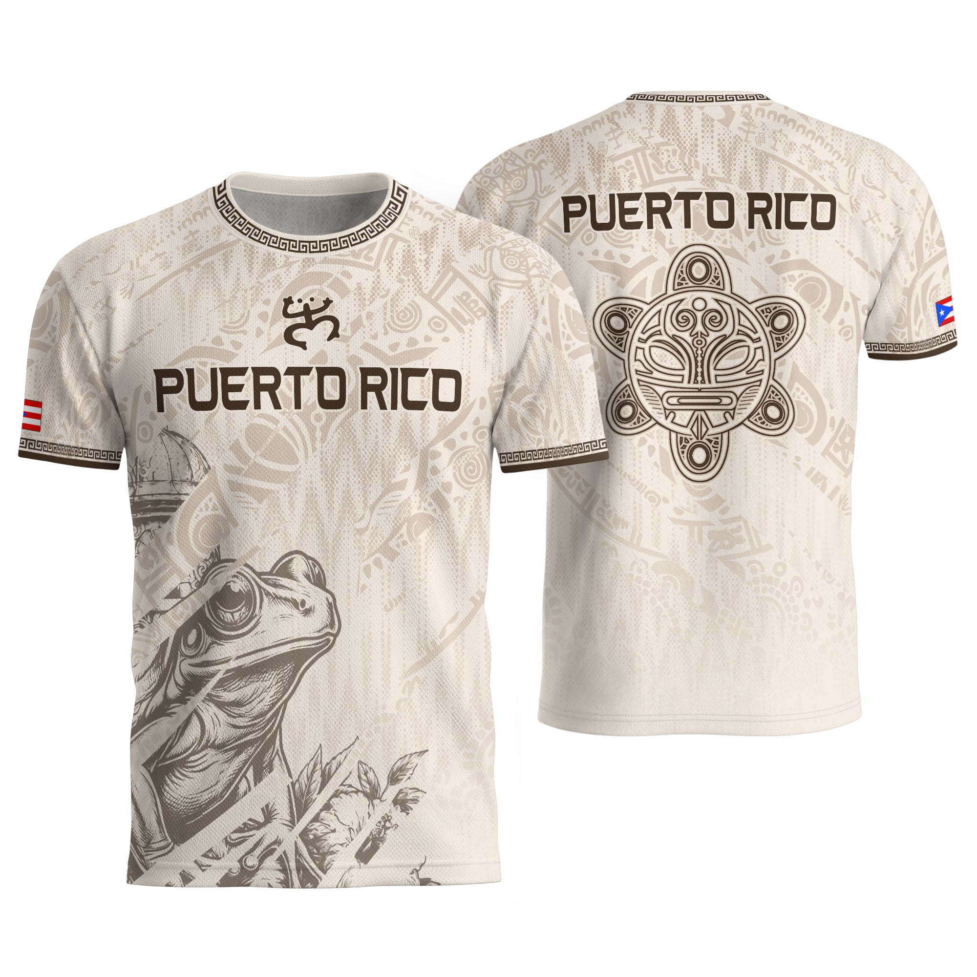 Puerto Rico Soccer Jersey Beige Taino Turtle El Morro Fortress Coqui Frog Shirt