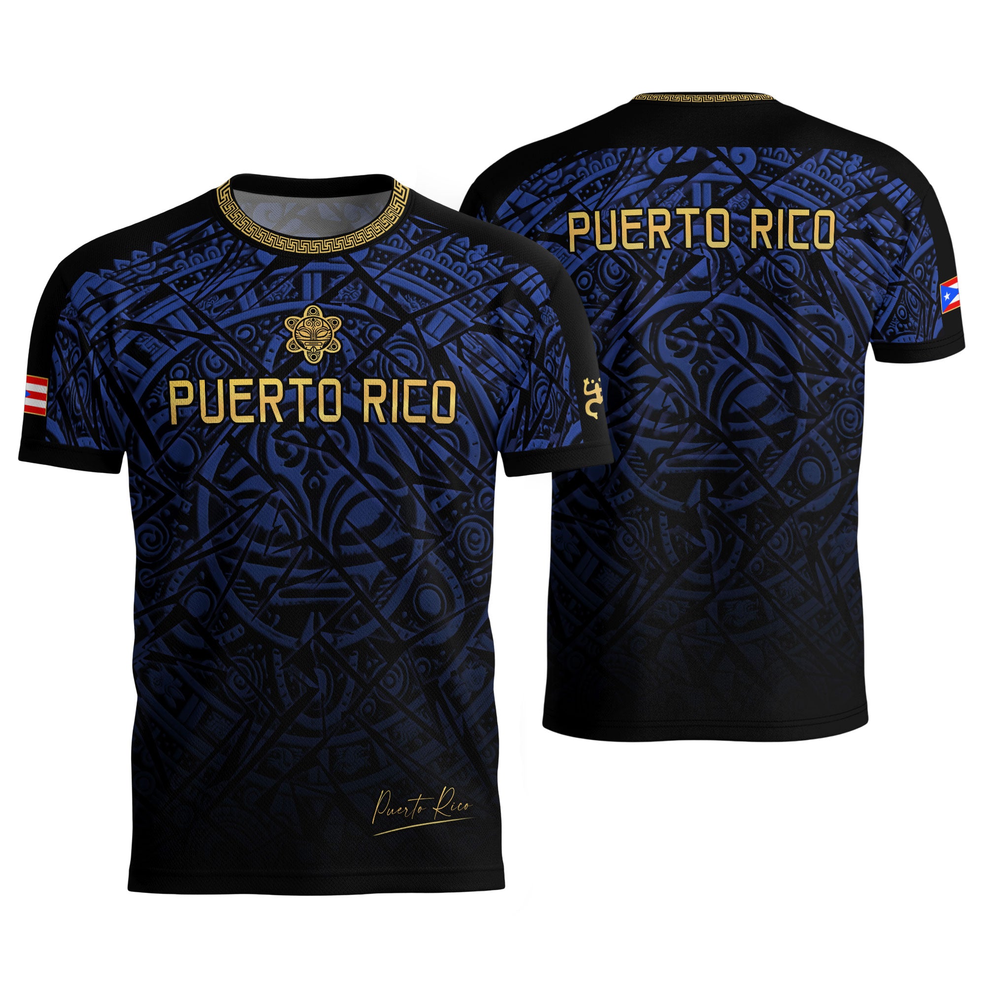 Camiseta de fútbol con máscara taína boricua azul marino de Puerto Rico, bandera tribal, orgullo nacional