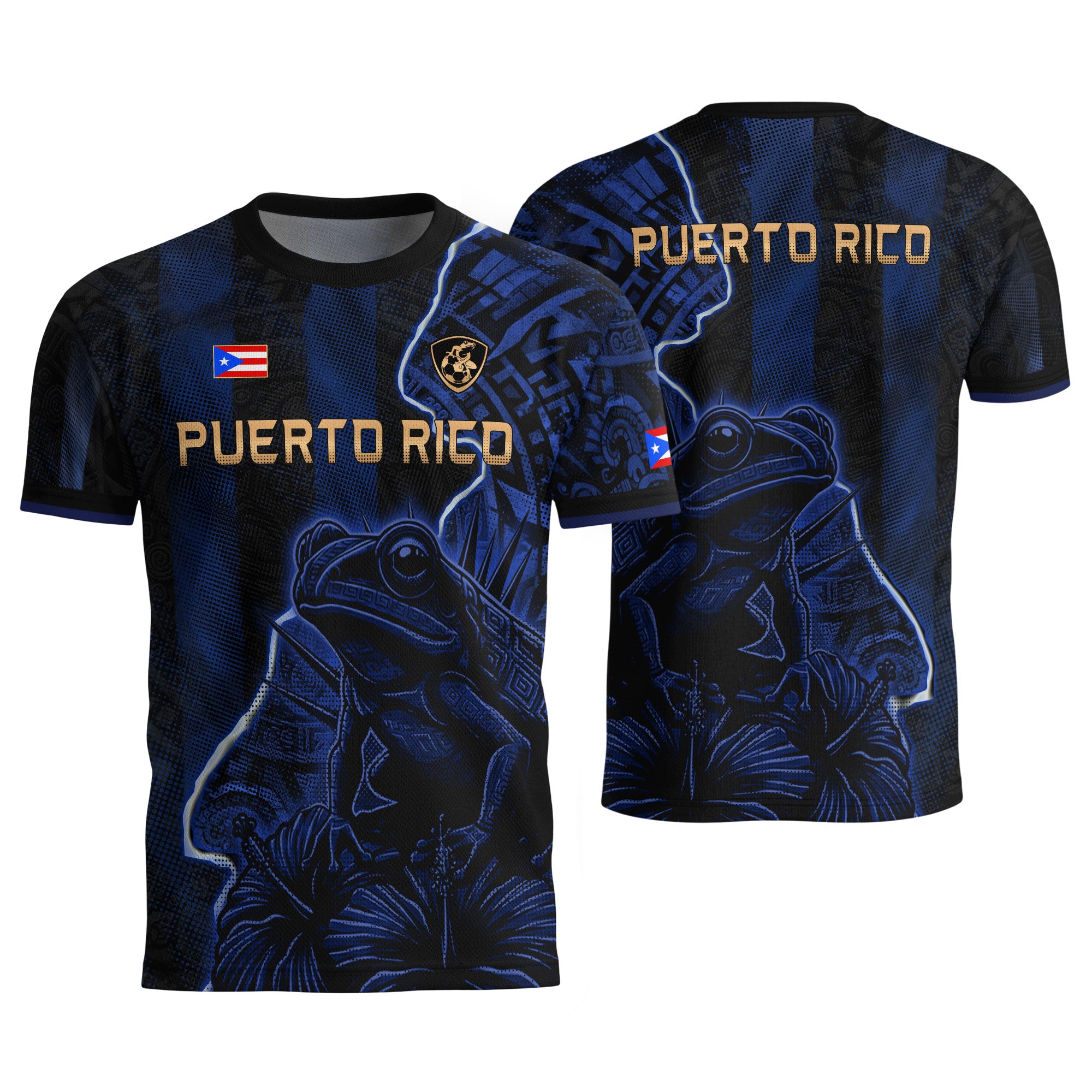 Camiseta de fútbol con máscara taína boricua azul marino de Puerto Rico, bandera tribal, orgullo nacional