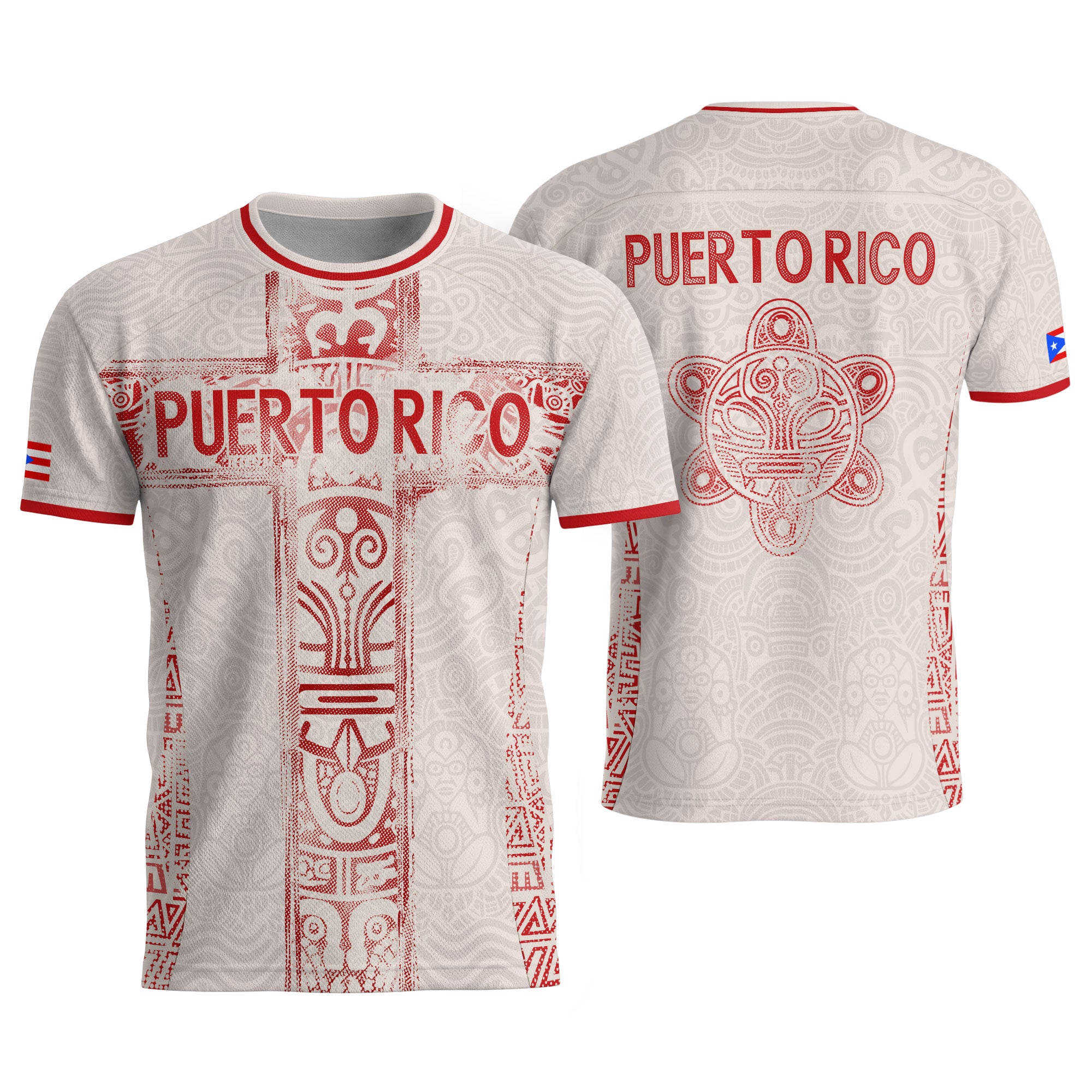 Puerto Rico Soccer Jersey Beige Red Taino Cross Turtle Tribal Pride Apparel