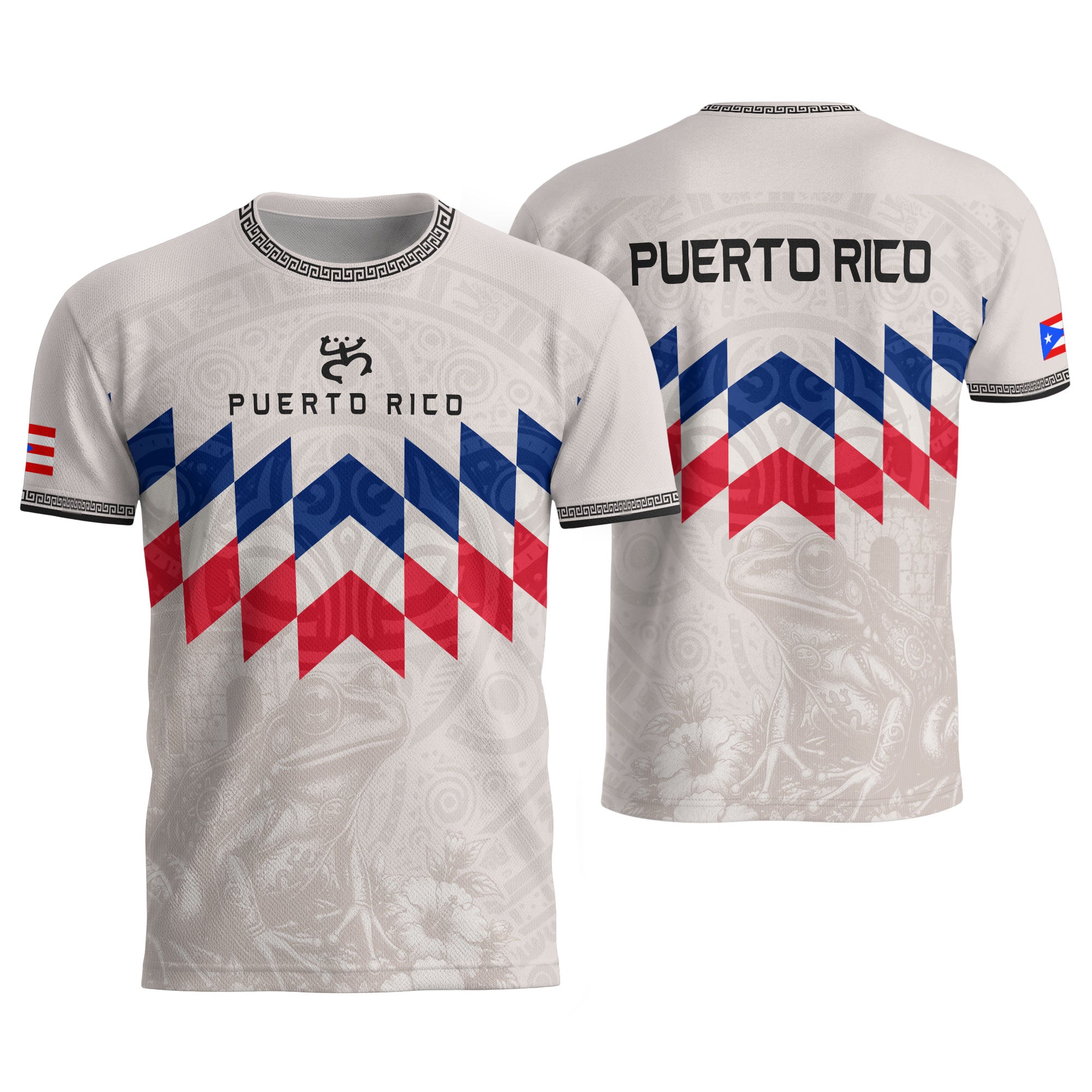 Puerto Rico Soccer Jersey Beige Red Blue Geometric Coqui Tribal Pride Apparel