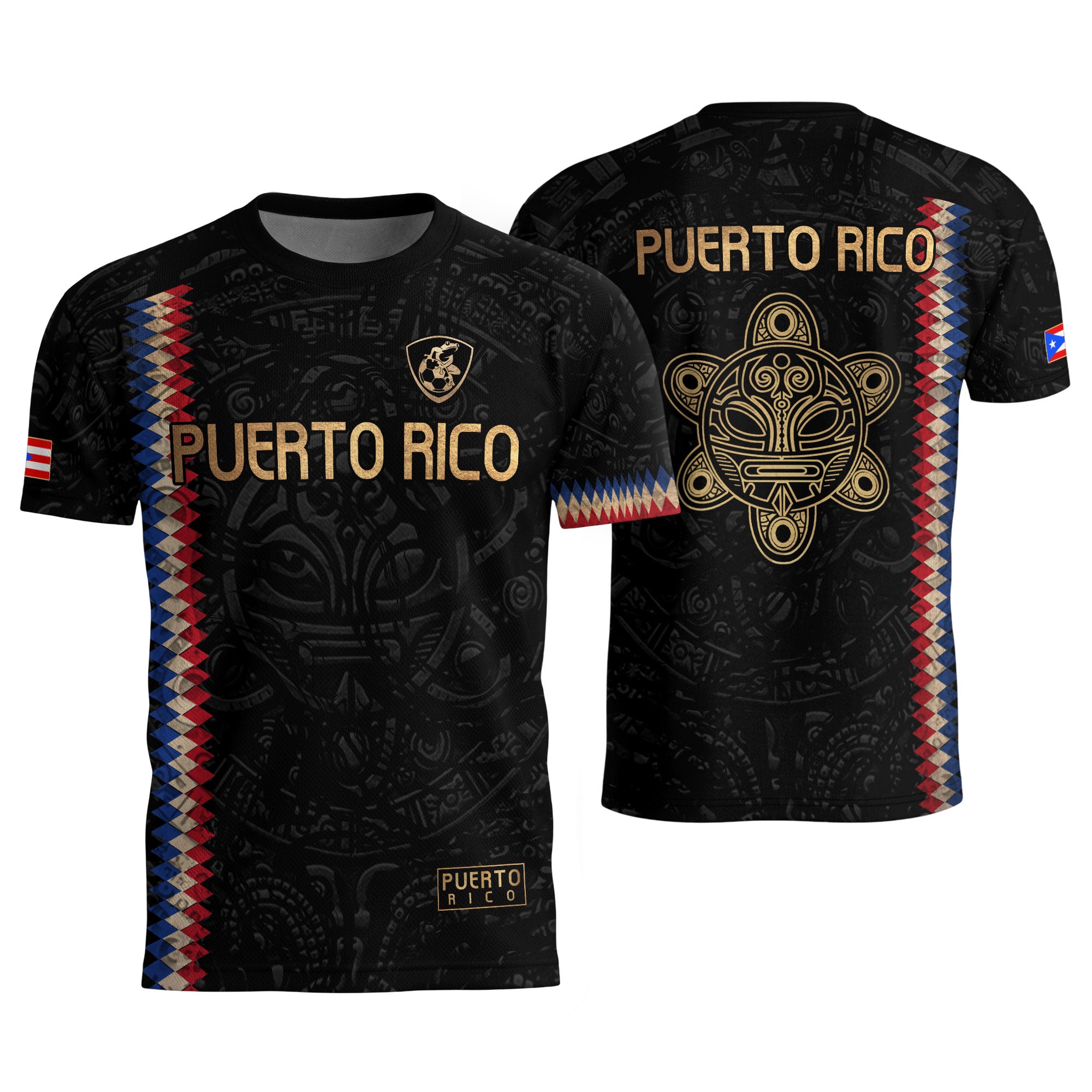 Camiseta de fútbol con máscara taína boricua azul marino de Puerto Rico, bandera tribal, orgullo nacional