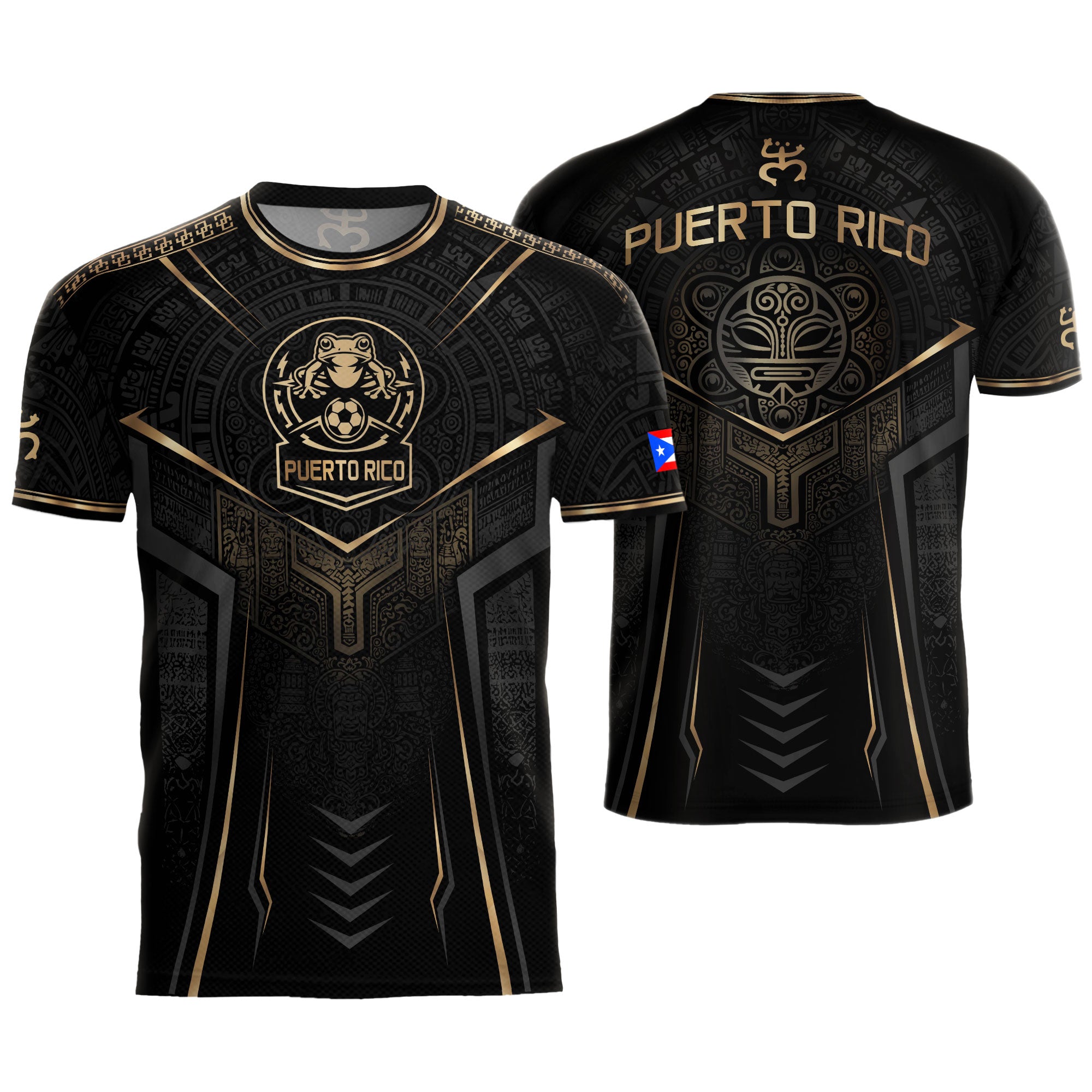Black Puerto Rico Soccer Jersey Gold Coquí Frog Crest - Taino Sun Tribal Football Shirt