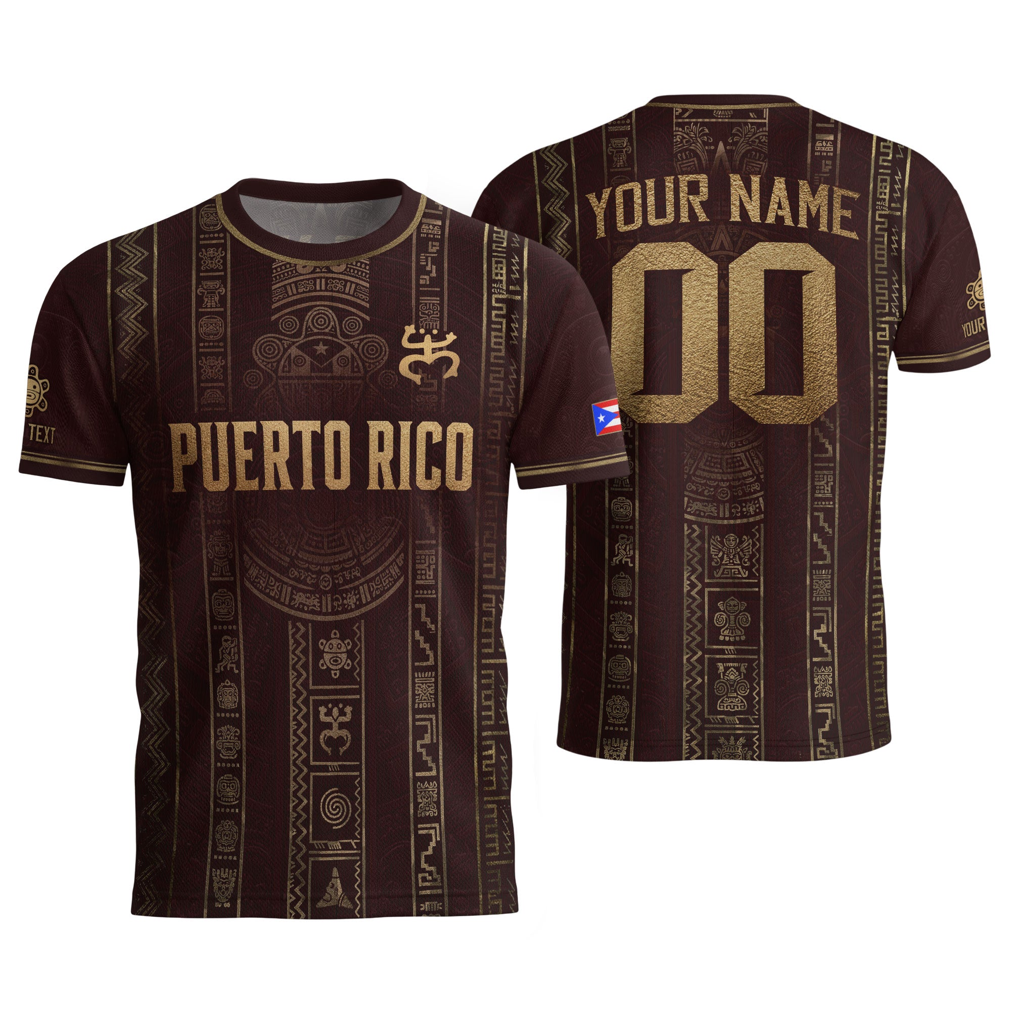 Personalized Puerto Rico Soccer Jersey Maroon Gold Taino Petroglyph Football Shirt