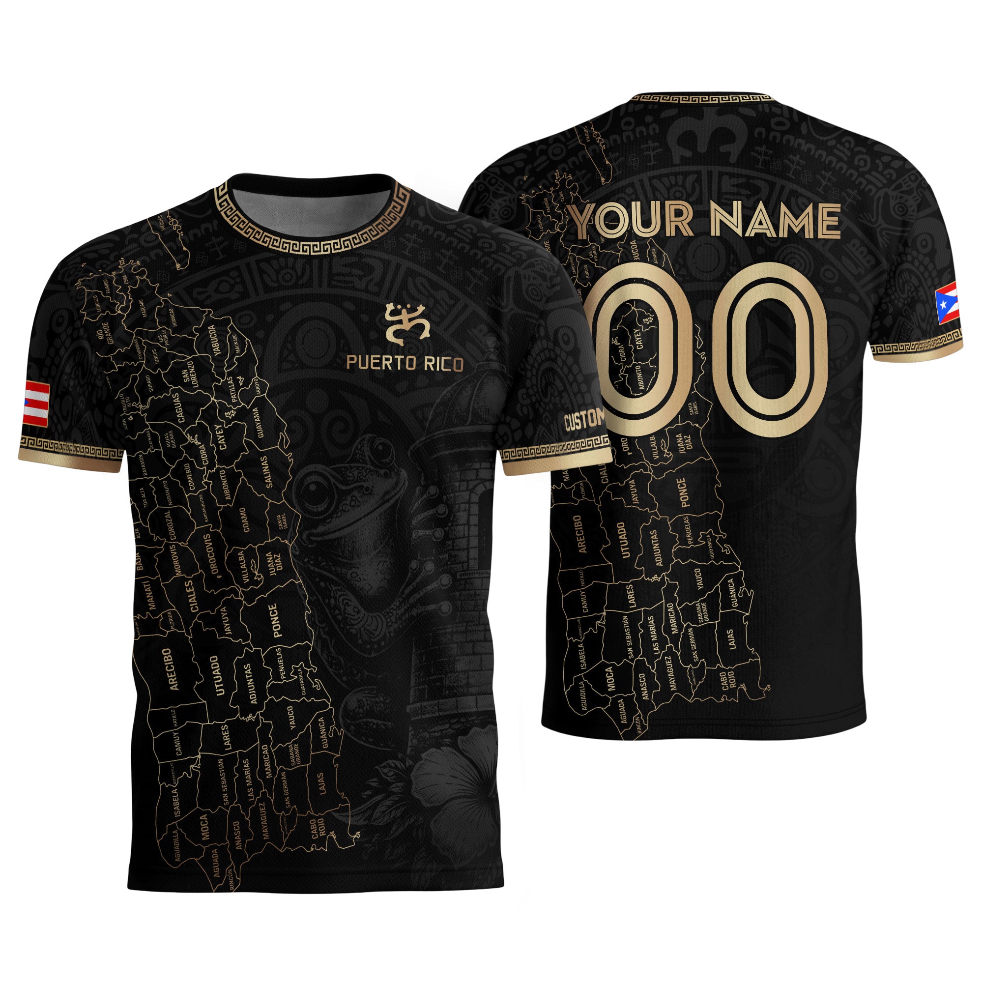Custom Puerto Rico Soccer Jersey Black Gold Towns Map Coqui Frog Men Women Gift