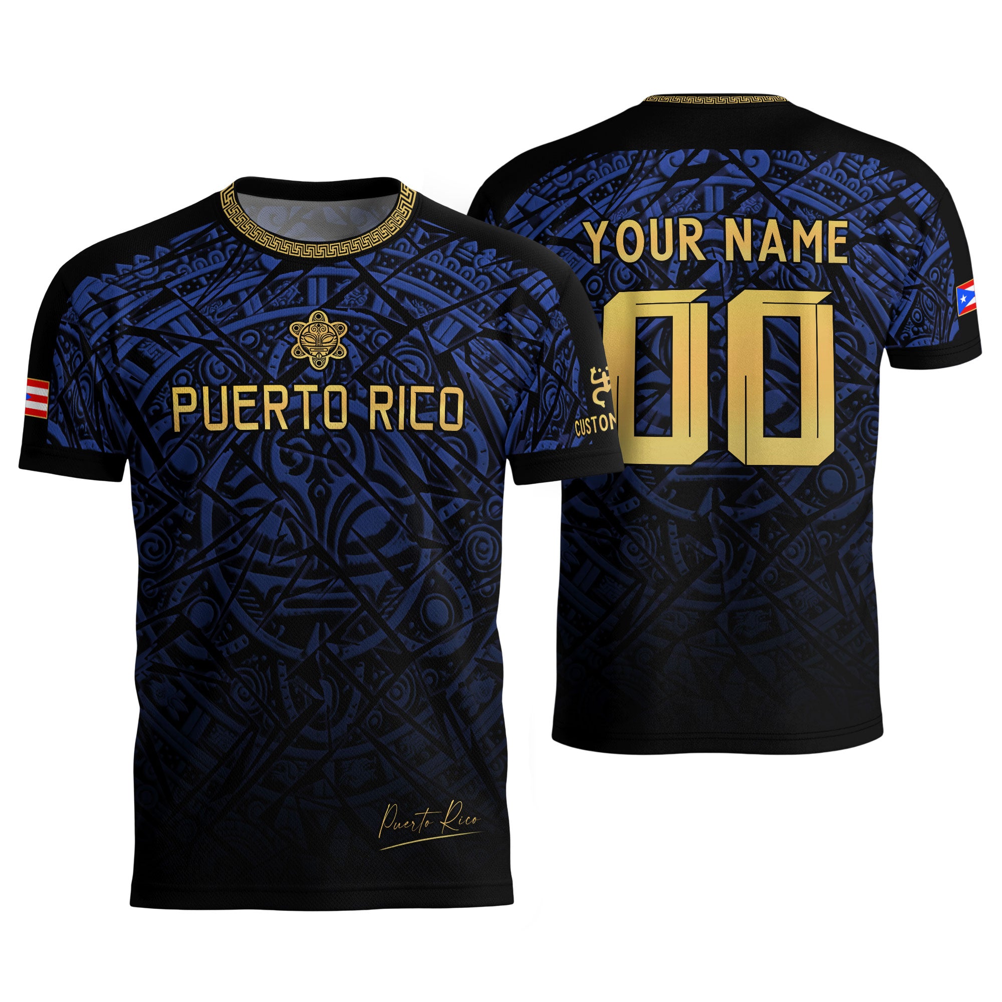 Camiseta de fútbol con máscara taína boricua azul marino de Puerto Rico, bandera tribal, orgullo nacional