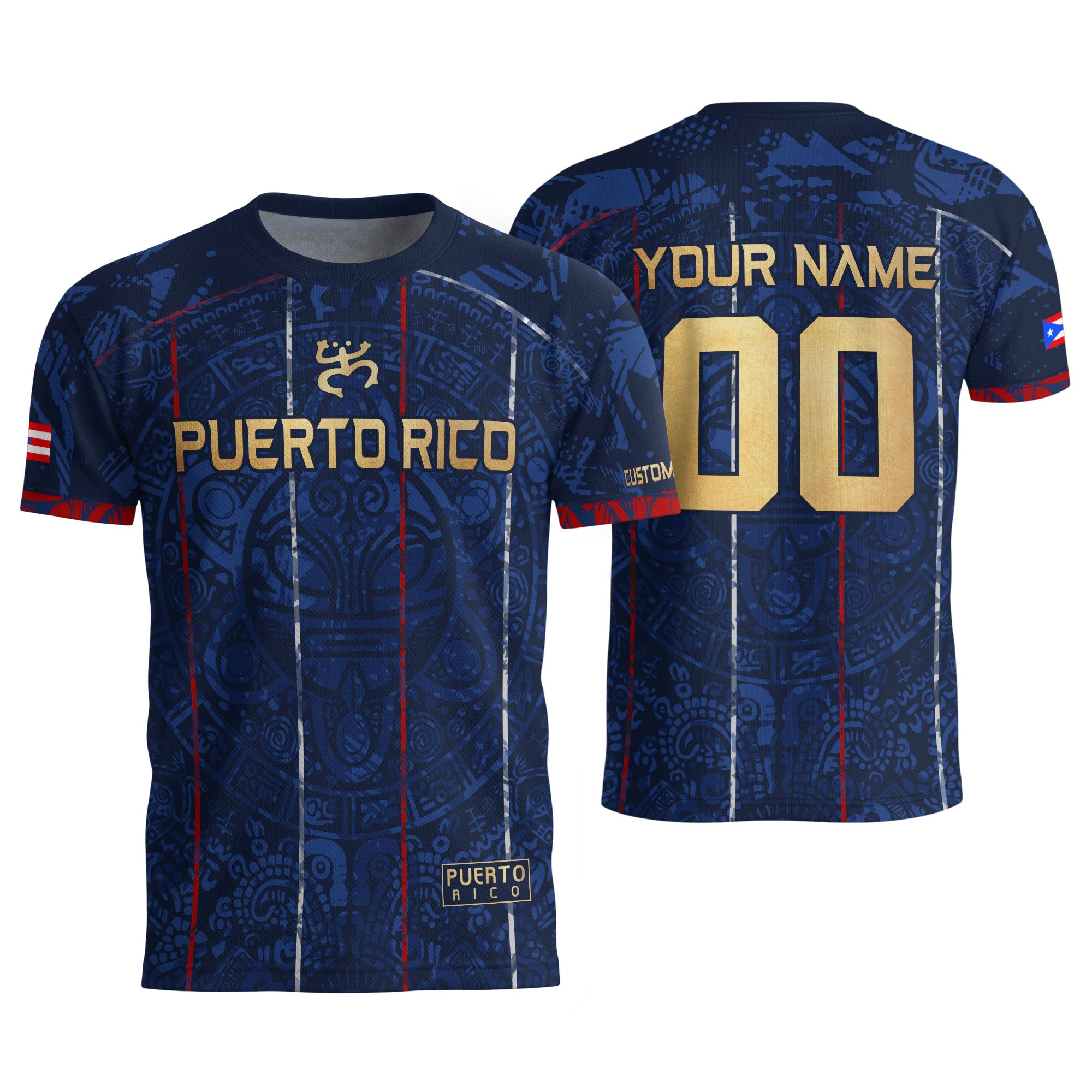 Puerto Rico Custom Soccer Jersey Navy Blue Gold Text Coqui Frog Boricua Pride Gif