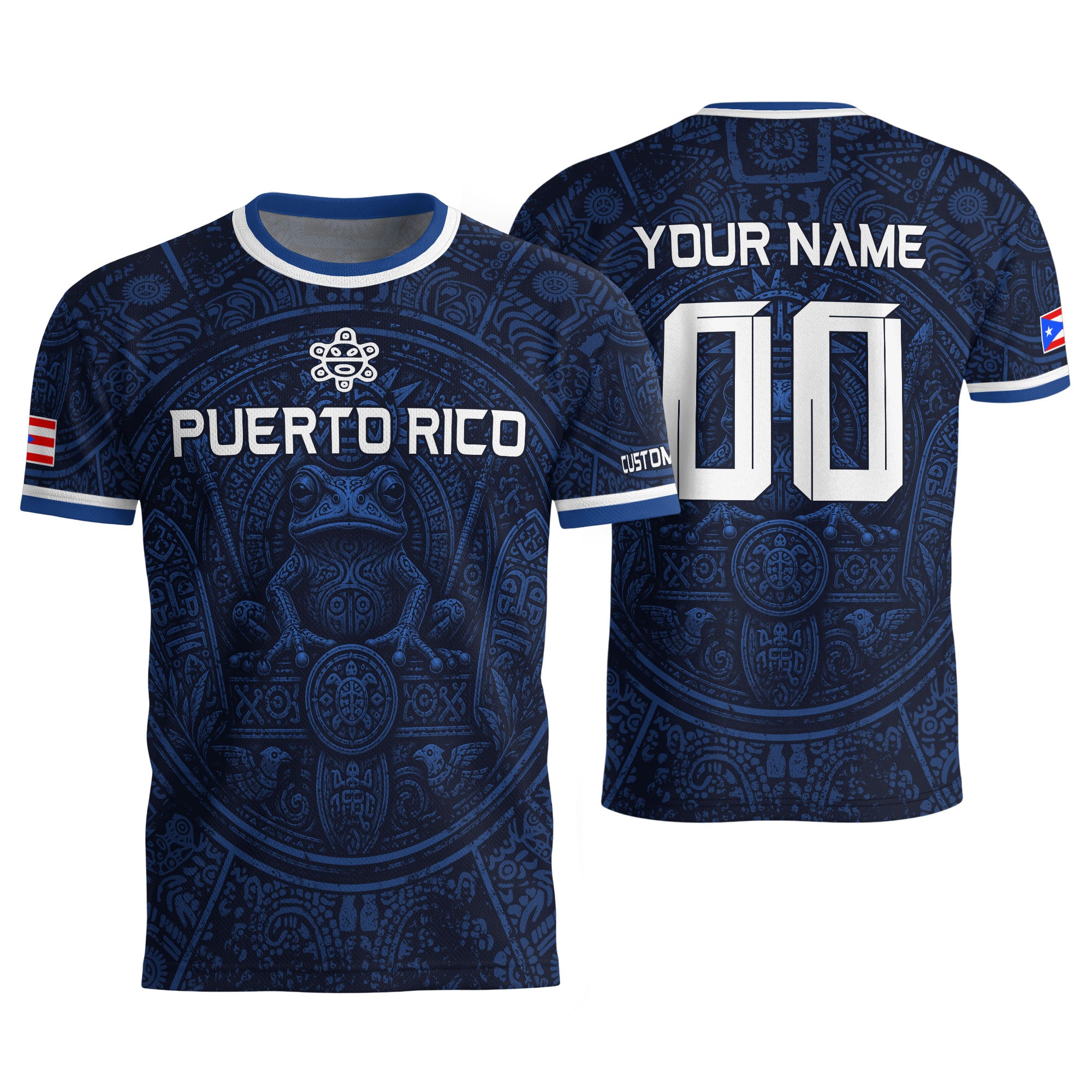 Personalized Puerto Rico Soccer Jersey Navy Blue with Taino Coqui Frog Design